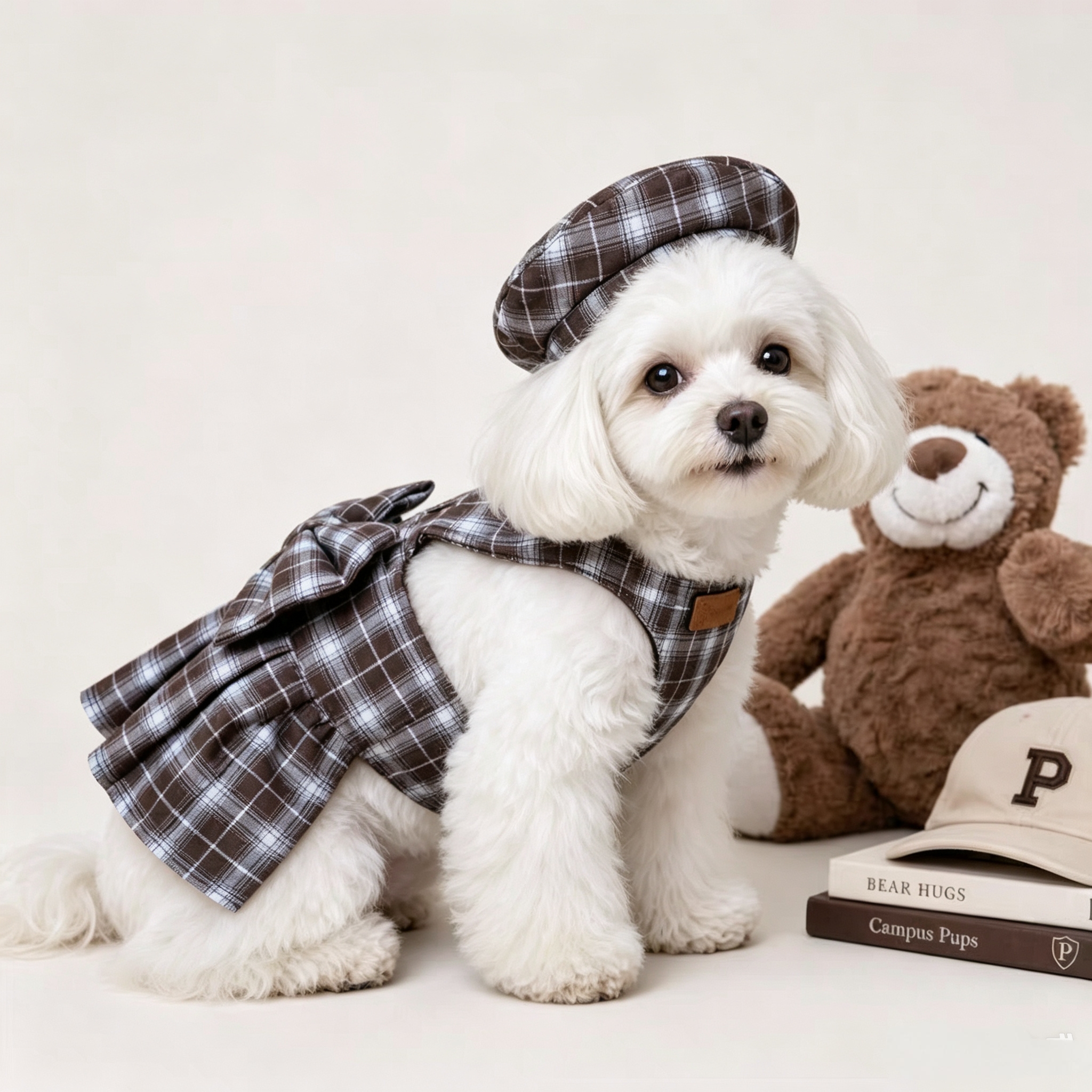 ins school style pet checkered pleated skirt with a back pull ring design. Teddy Pomerar is out details Picture