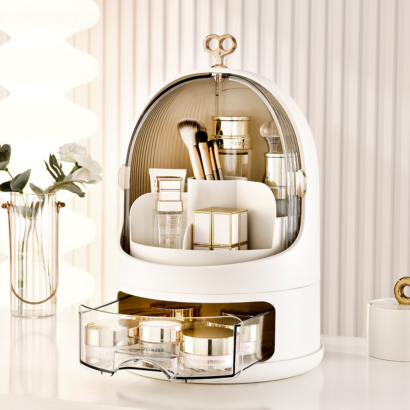 【CL】26Q3#0539 White oval-shaped storage box with transparent dome, multi-functional organizing and storage box for household items and cosmetics details Picture
