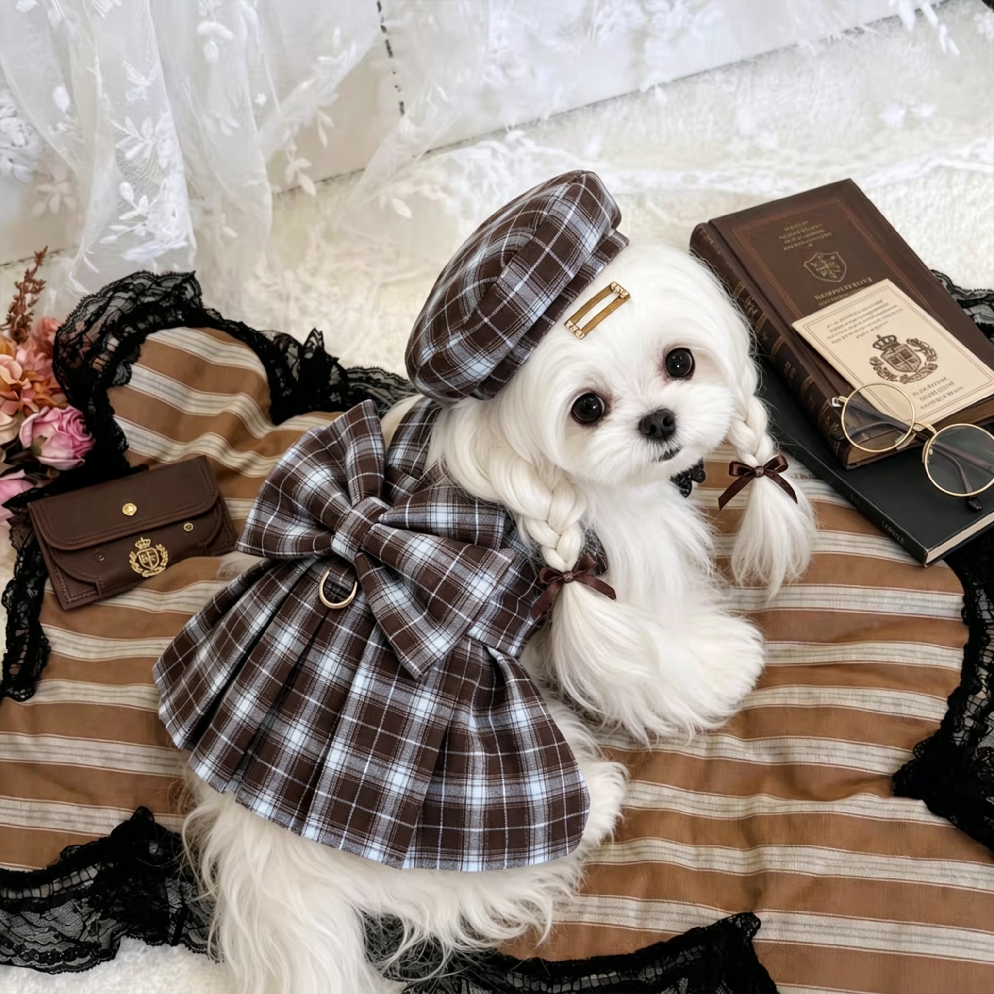 ins school style pet checkered pleated skirt with a back pull ring design. Teddy Pomerar is out