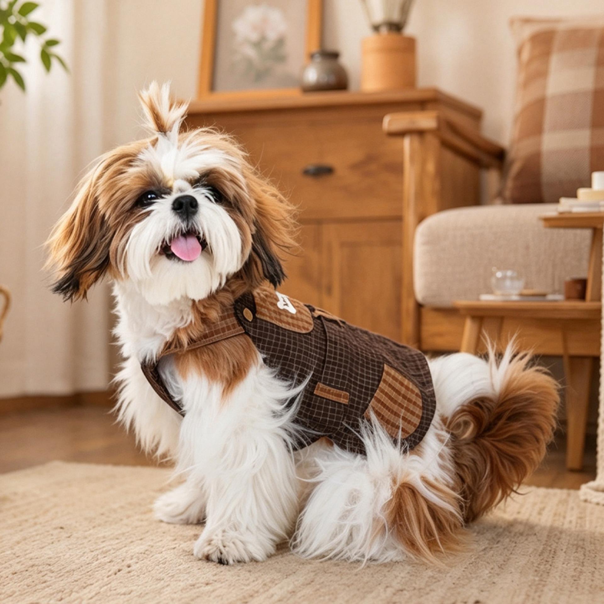 Ins-style checkered pet one-piece towing vest, denim fabric, dog walking jacket details Picture