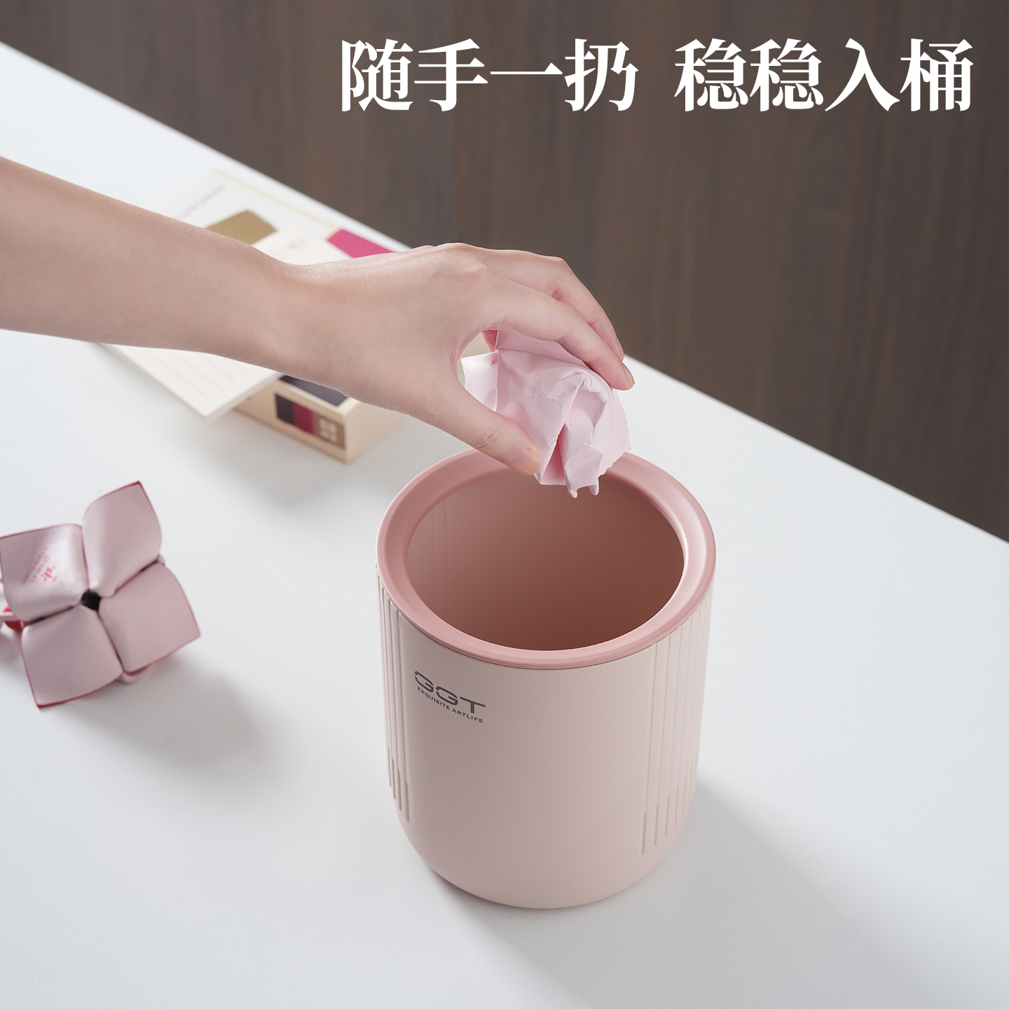 【CL】26Q2#6422 Desktop circular pressure ring sanitary bucket, white with transparent lid, pedal smart trash can, toilet, bathroom, household trash can details Picture