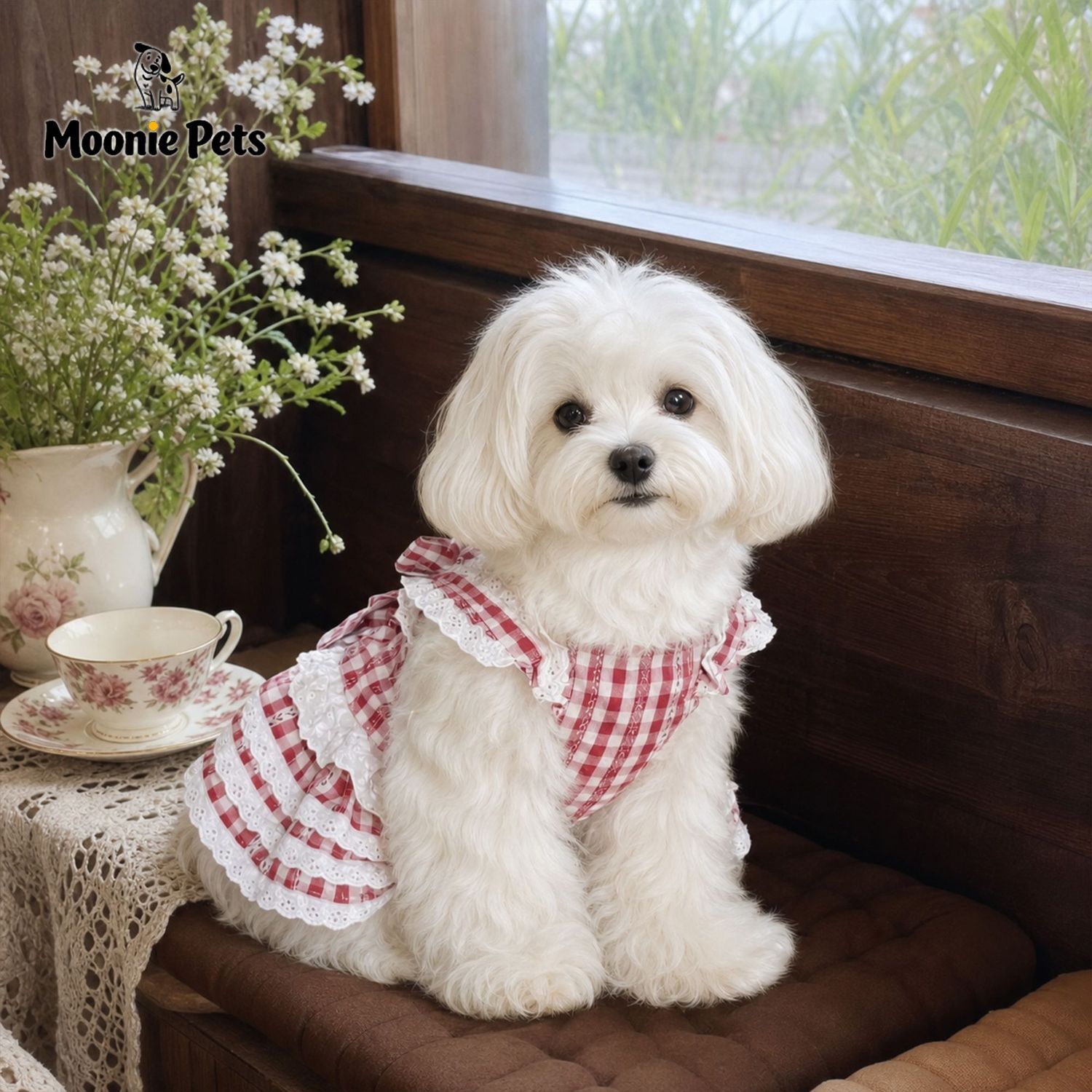 Korean-style red Gloria pet dress with lace traction, dog princess dress, dog spring and summer clothes
