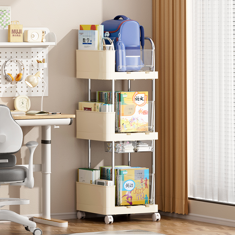 【CL】26Q3#0587 Beige wheeled plastic storage cabinet, two-layer desktop stationery storage cabinet, shelf, organizing box