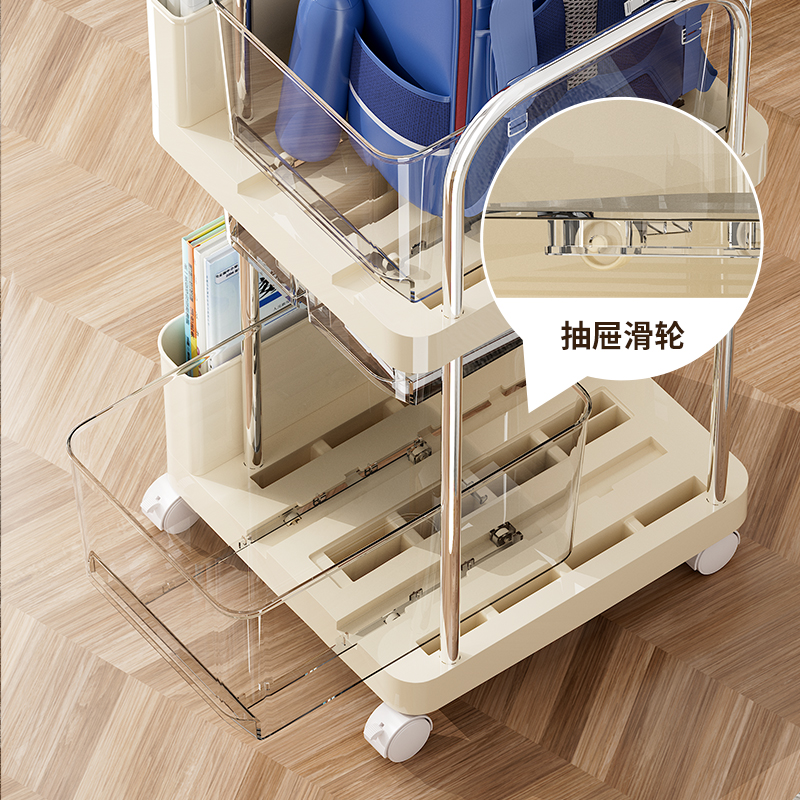 【CL】26Q3#0587 Beige wheeled plastic storage cabinet, two-layer desktop stationery storage cabinet, shelf, organizing box Specification image