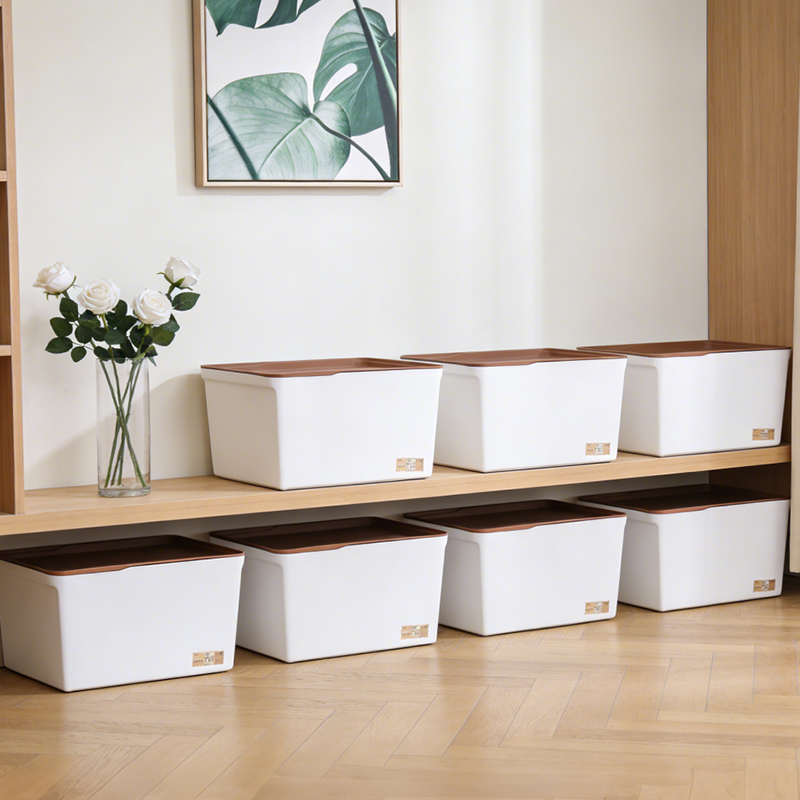 【CL】26Q3#Q9144 Multi-functional white storage box with brown lid, household clothing and toy storage box, storage box, organizing container Application Scenario