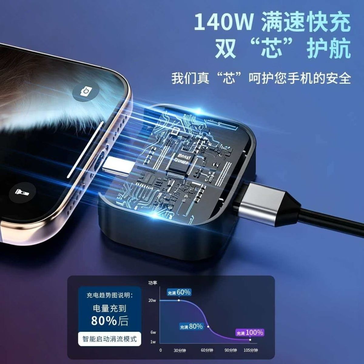 Producto explosivo transfronterizo separador automático de carga completa teléfono móvil anti-sobrecarga de carga automática física cable de datos 140W cargador rápido Specification image