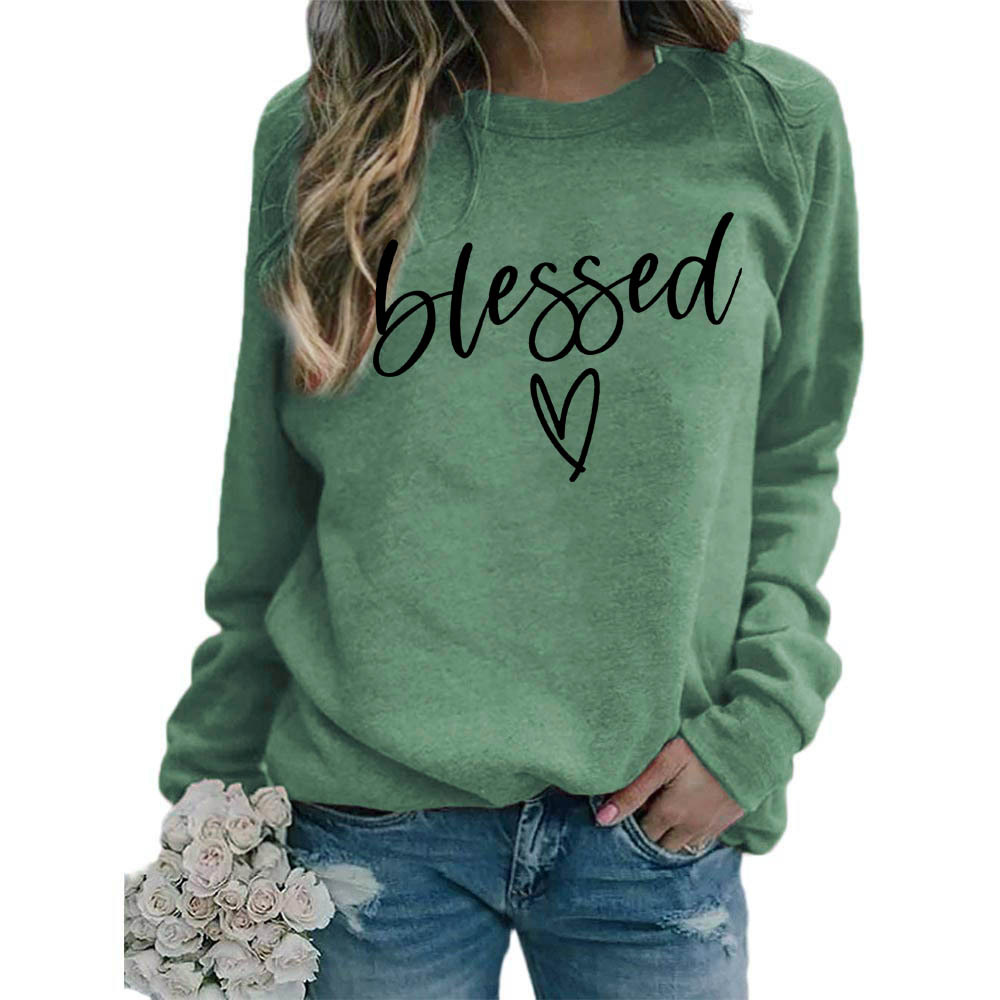 blessed Heart-shaped printed round-neck women's top, hoodie, coat, European size, large size, cross-border supply on Amazon Item Picture