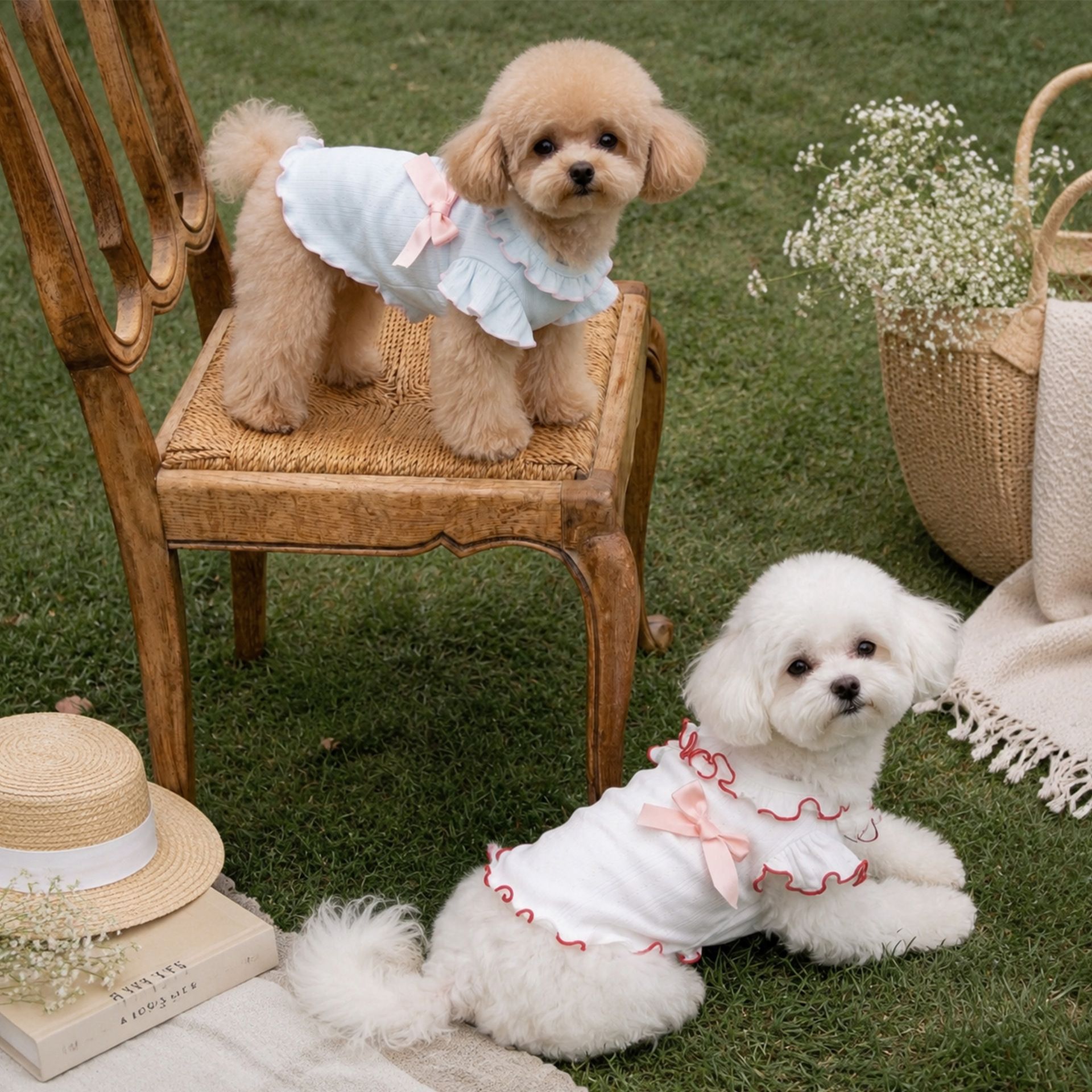 Korean-style wavy lace dog halter top, light blue-pink satin bow dog home and outdoor clothing
