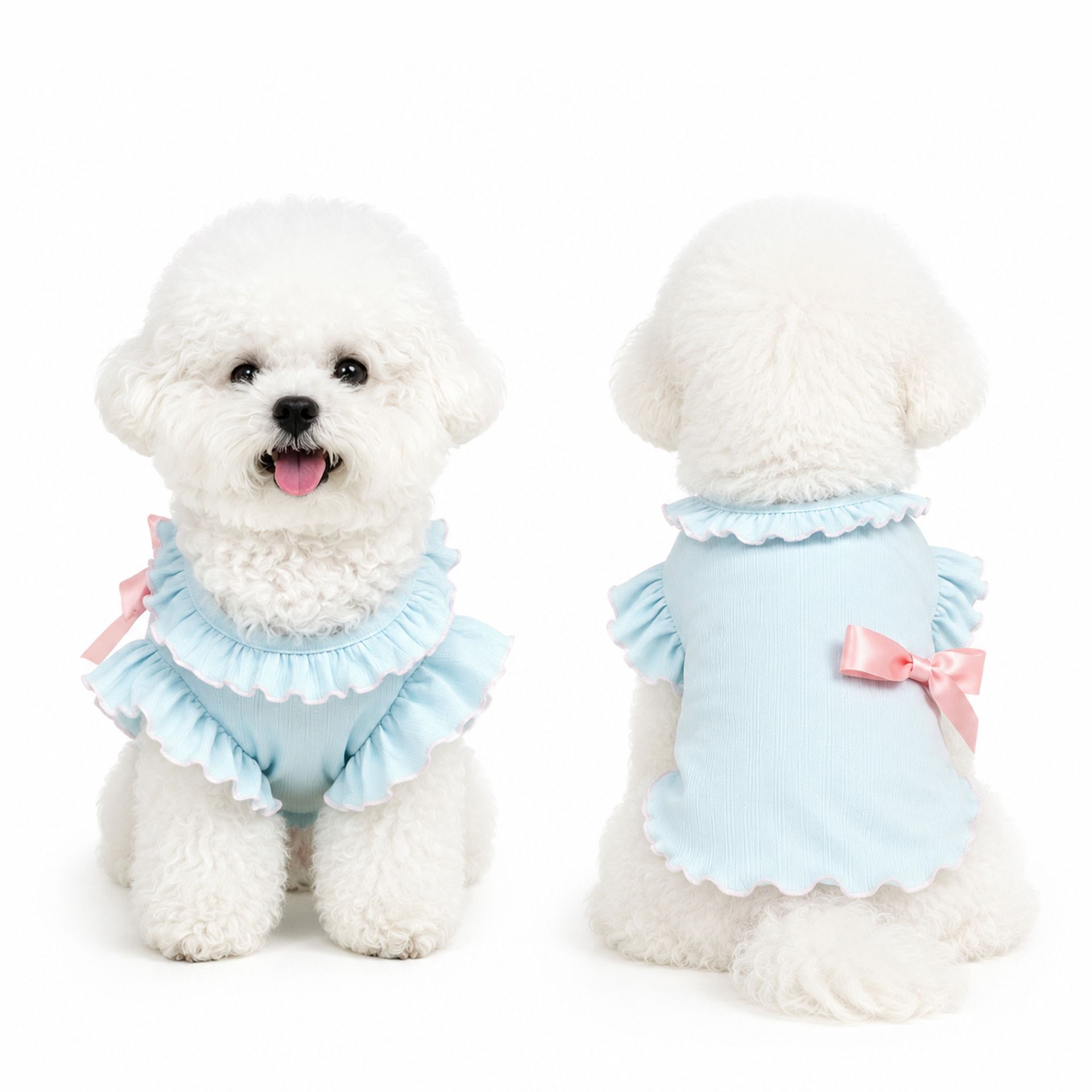 Korean-style wavy lace dog halter top, light blue-pink satin bow dog home and outdoor clothing details Picture