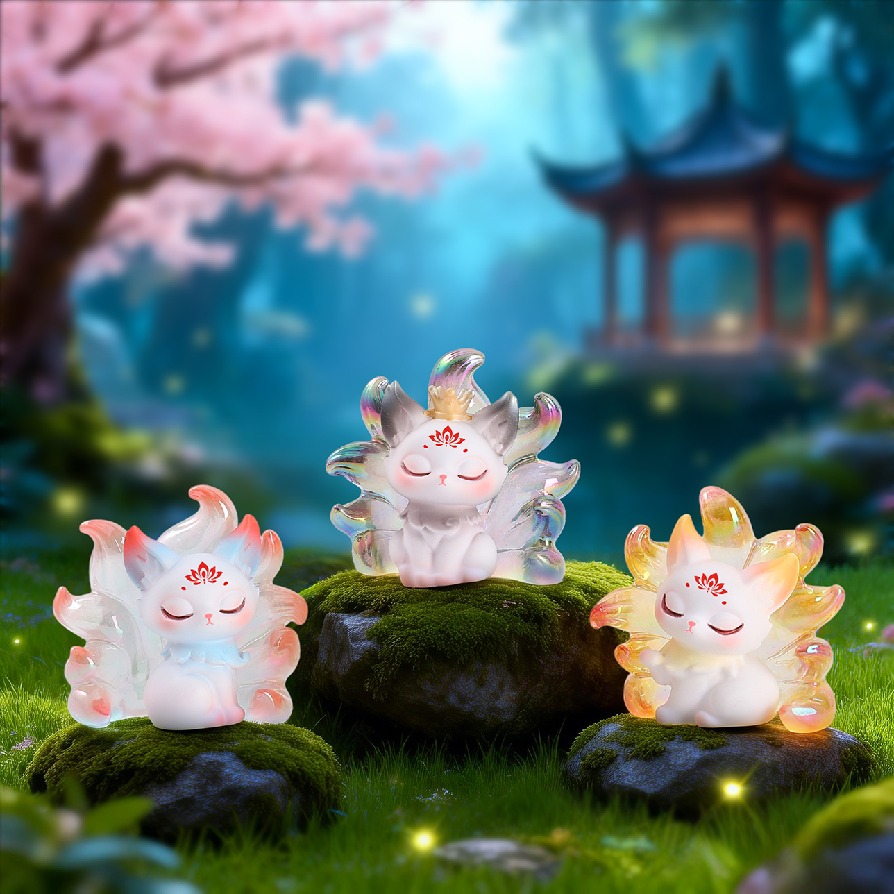 "Ten Miles of Peach Blossoms and Nine-Tailed Fox small blind box, national trend desktop decoration, living room entrance handicraft decoration, trendy collectible figurines. Specification image