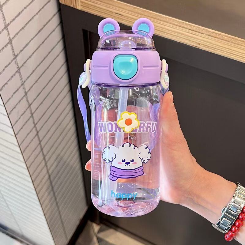 可爱儿童水杯夏季运动热转印熊耳紫色水杯耐摔学生用