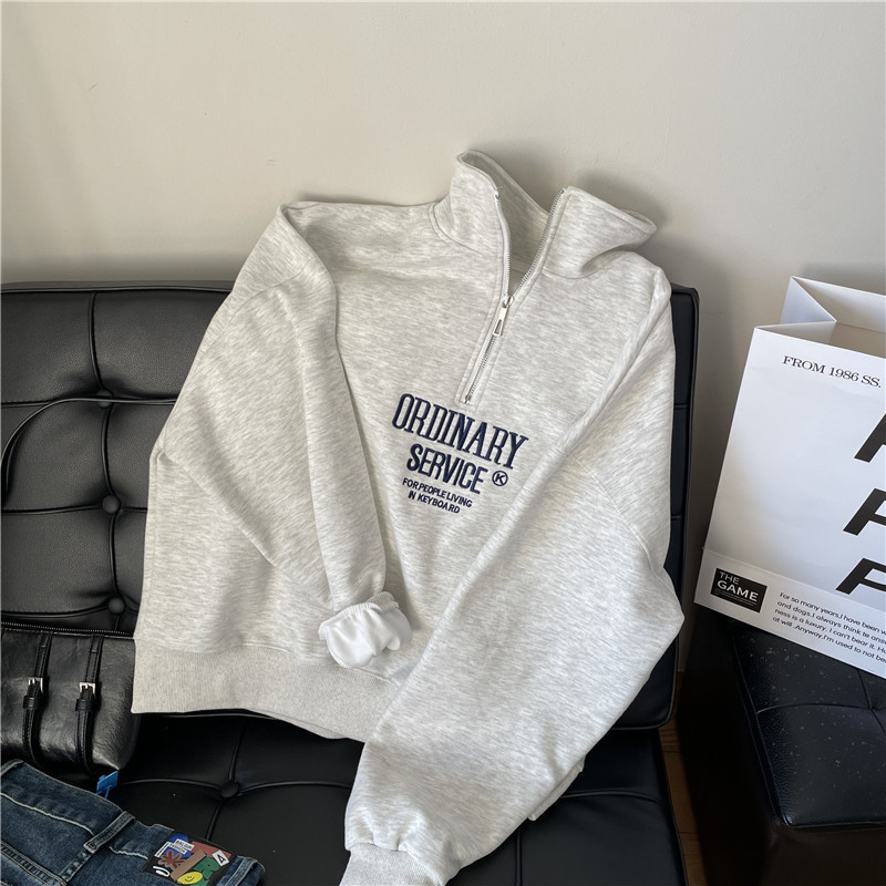Korean brand exquisite embroidered semi-zipper pull-up hoodie 2026 Spring/Autumn new collection, stand-up collar women's style, simple and elegant