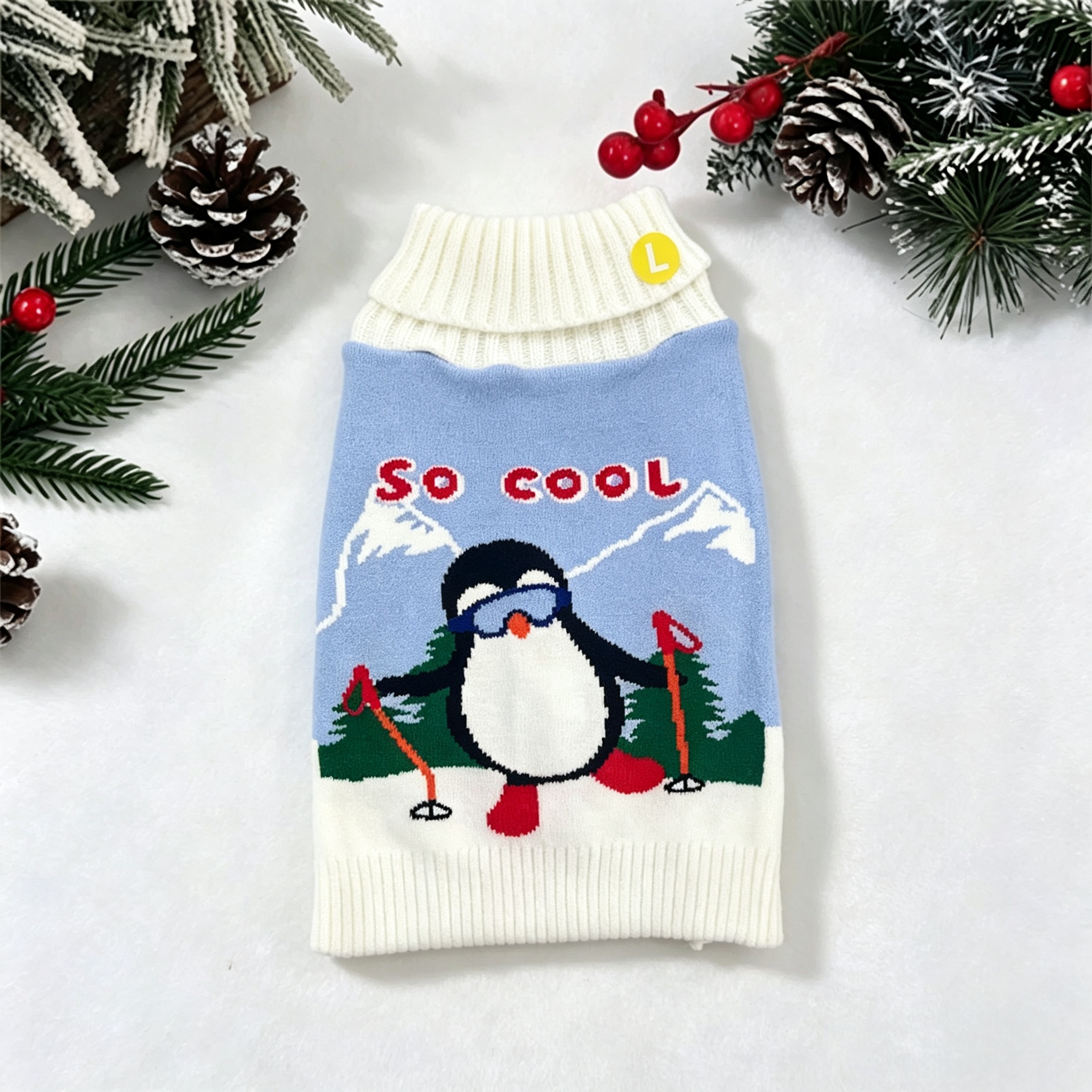 Cute white puppy, blue and white penguin pattern sweater, pet cat and dog clothing, comfortable and warm dog life jacket, pet clothing Specification image
