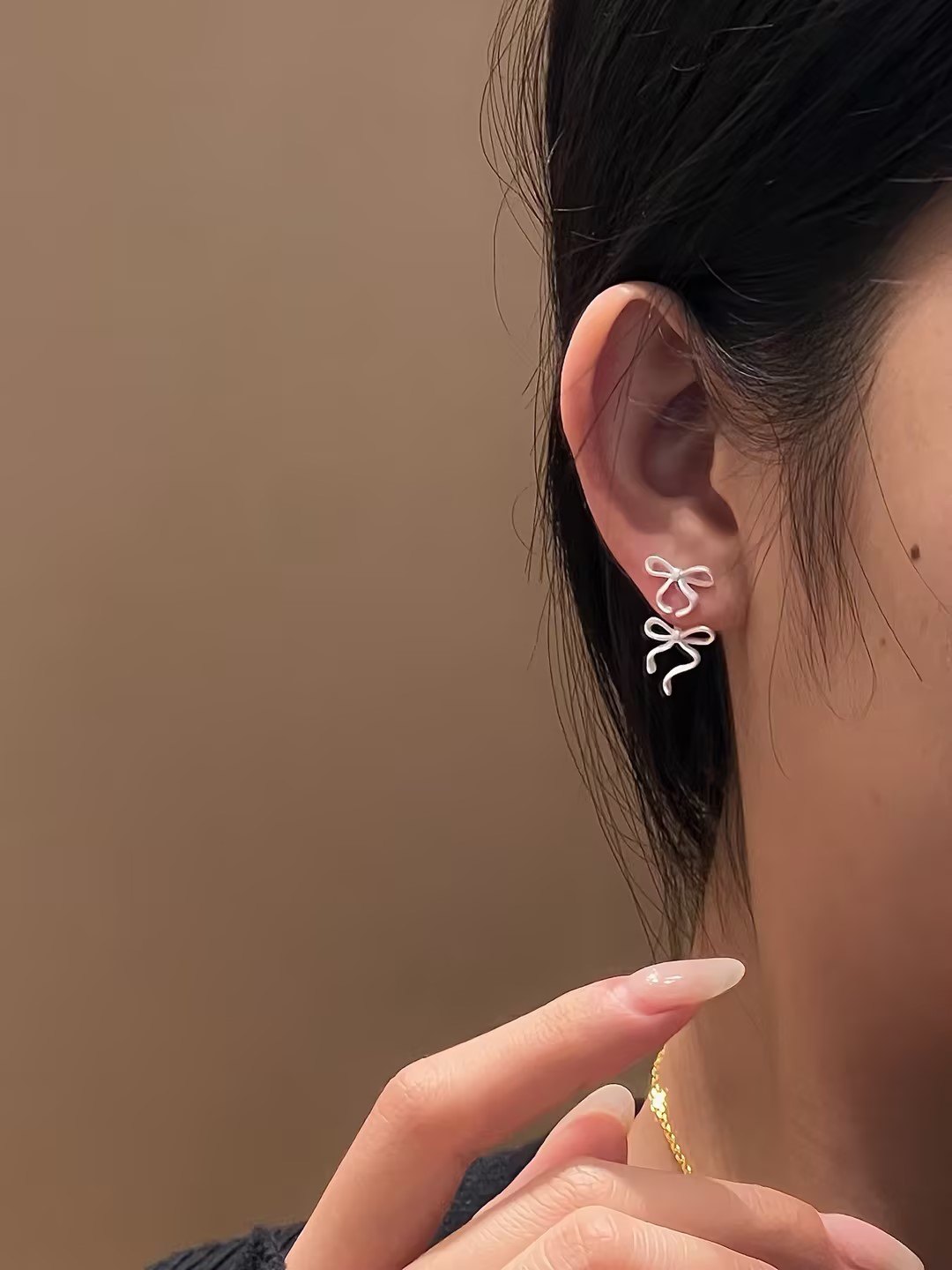 S925 matte silver double bow stud earrings