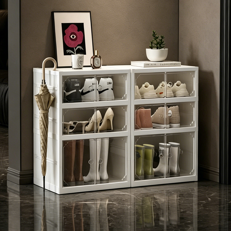 【CL】26Q3#70010-N0803 White transparent acrylic shoe box storage rack with foldable and stackable seams, shoe box organizing box, shoe cabinet storage box Specification image