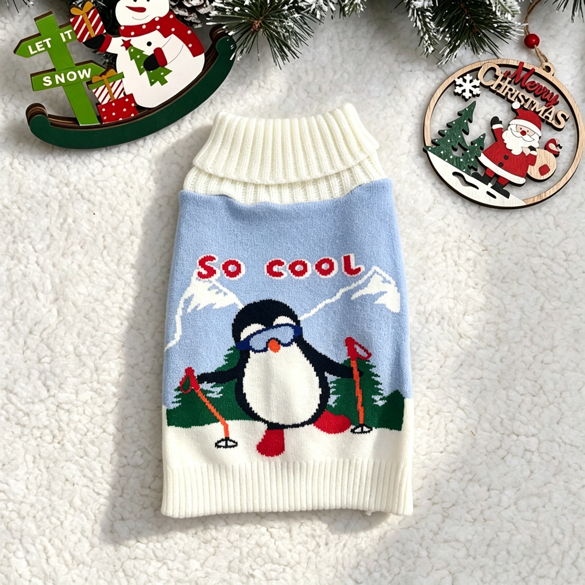 Cute white puppy, blue and white penguin pattern sweater, pet cat and dog clothing, comfortable and warm dog life jacket, pet clothing details Picture