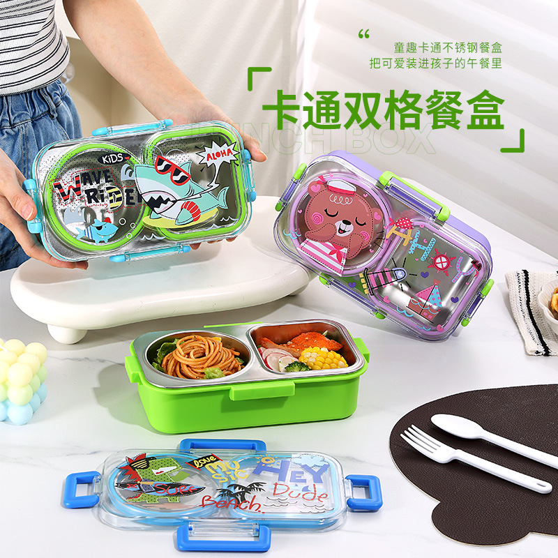 卡通印花双格不锈钢餐盒儿童便携饭盒小学生防漏分格保鲜便当盒详情3