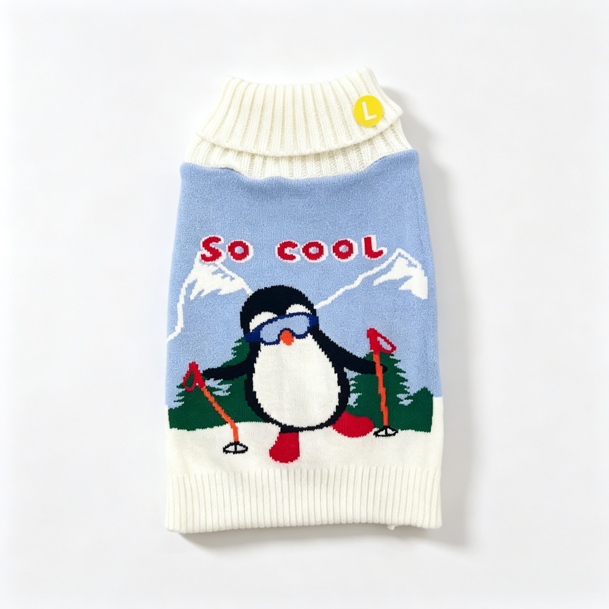 Cute white puppy, blue and white penguin pattern sweater, pet cat and dog clothing, comfortable and warm dog life jacket, pet clothing Application Scenario