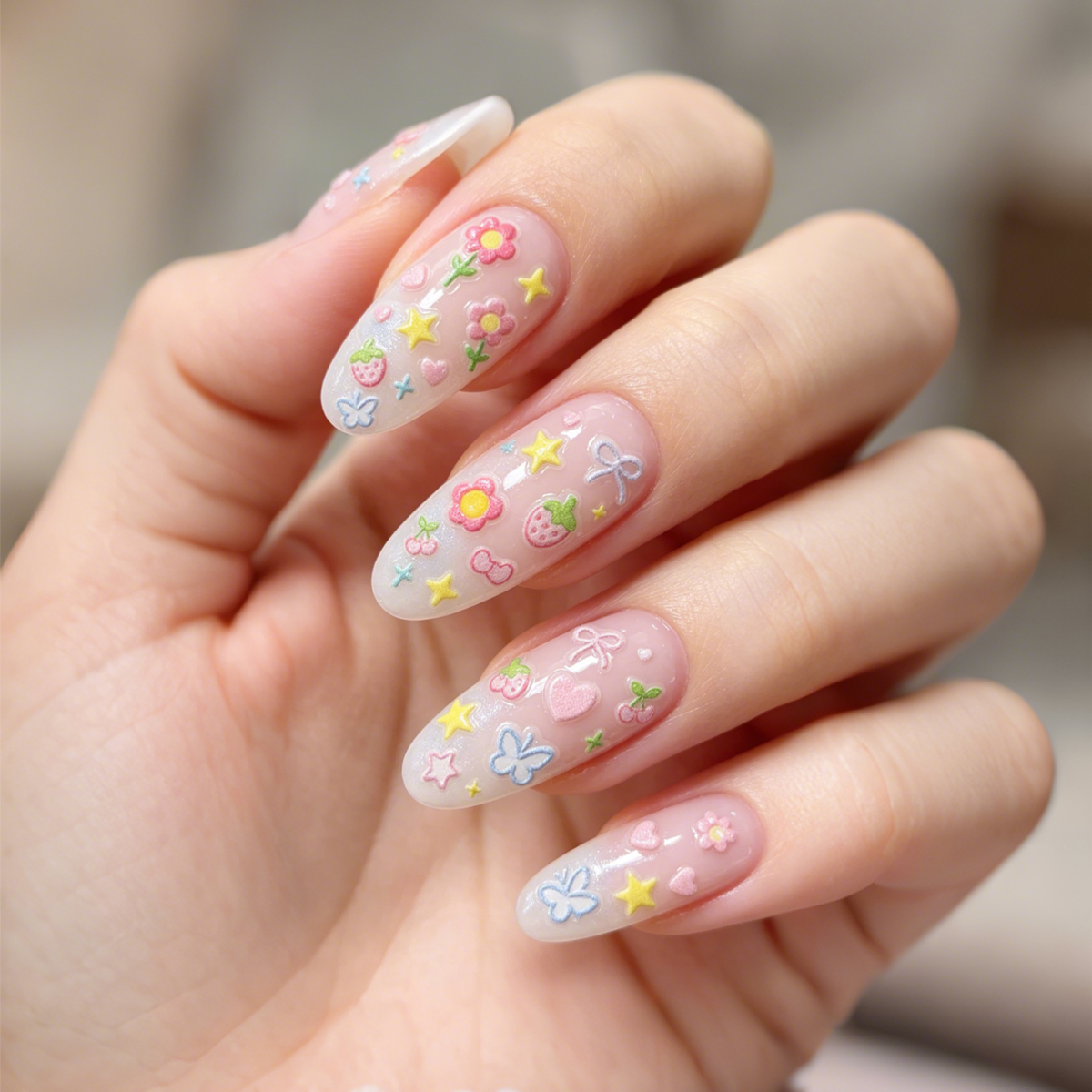 Spring Berry Nail Art Relief Stickers, Fresh Flower Heart Star DIY Nail stickers, Fresh Little flower nail decoration stickers Application Scenario