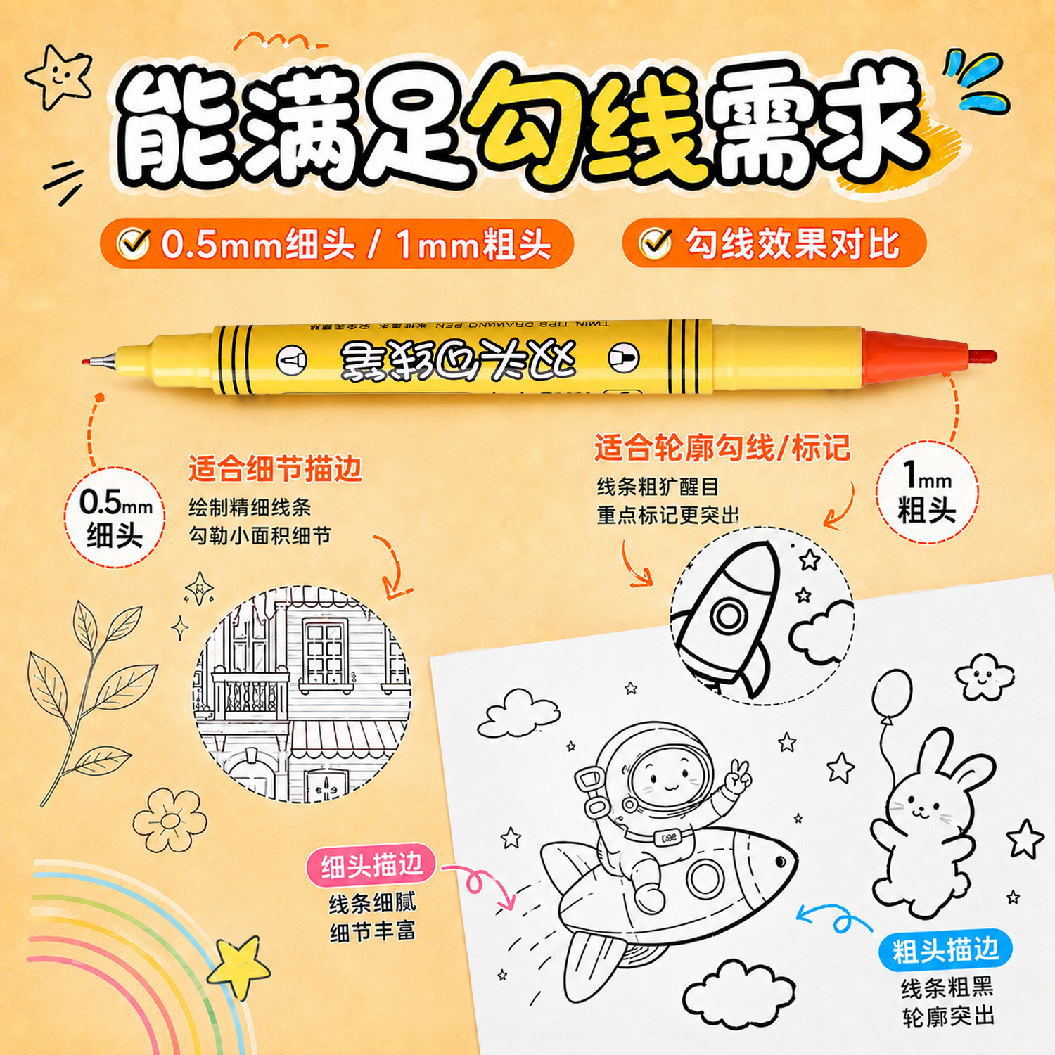 Jin Wannian G-09860T Double-headed colored Outlining Pen 0.5mm/1.0mm Smooth quick-drying Animation Design Needle pen Sketch pen details Picture