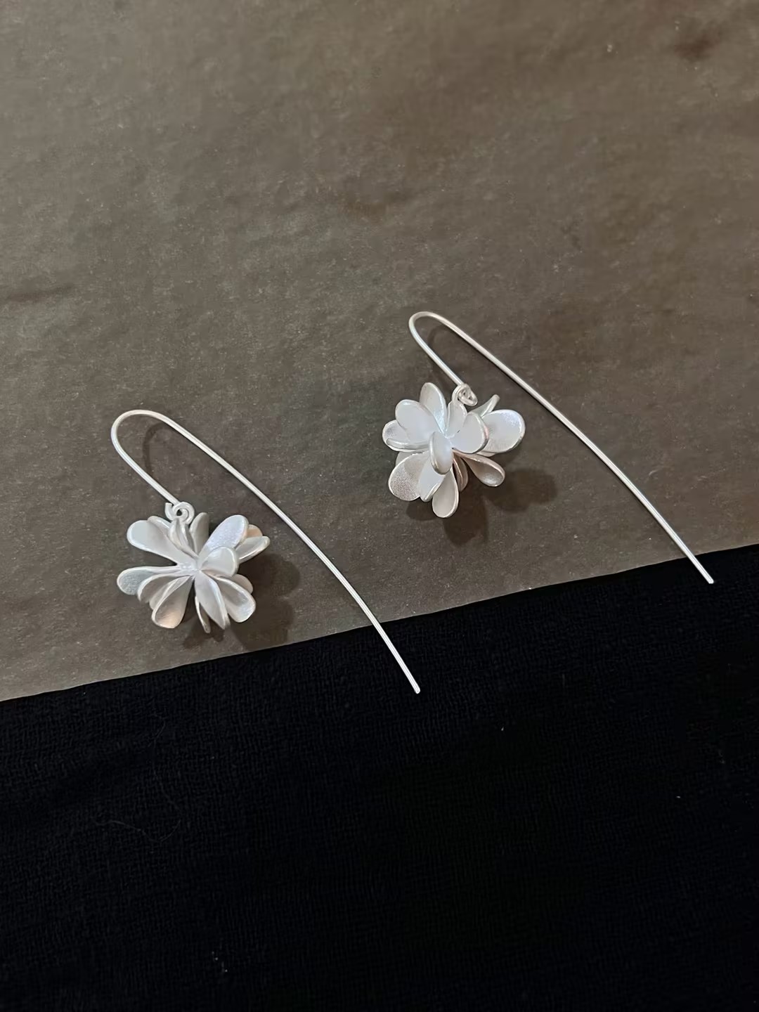 S925 pure silver frosted multi-layer silver flower long ear hook