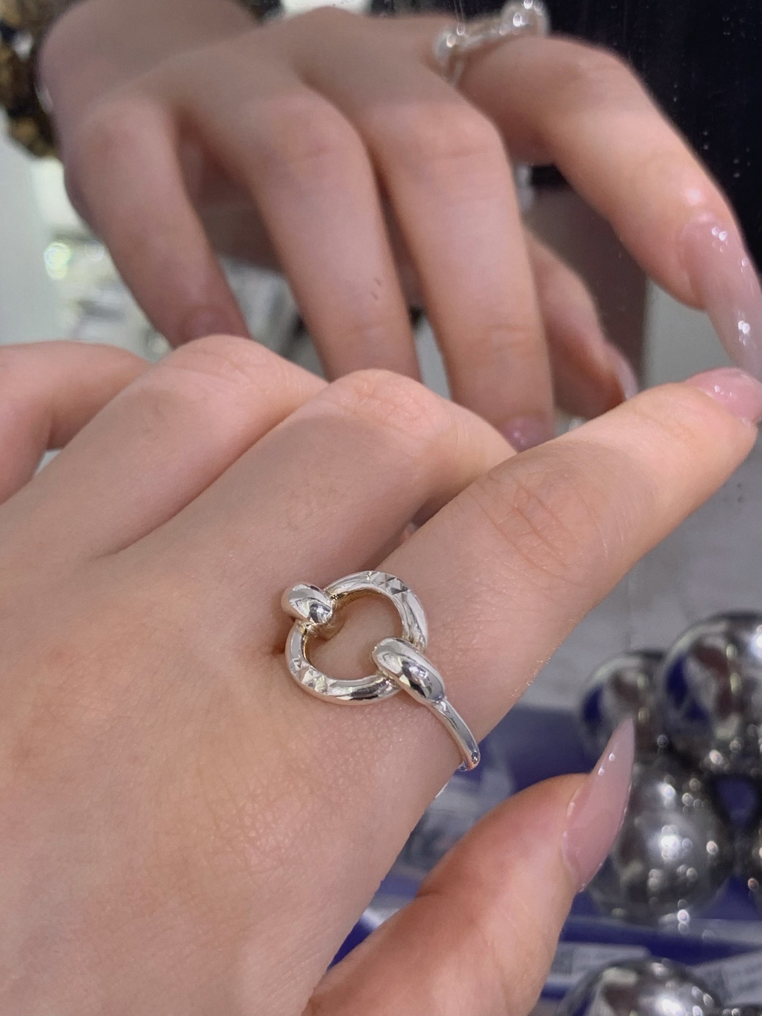 S925 plata de ley martillado doble anillo fase snap anillo abierto