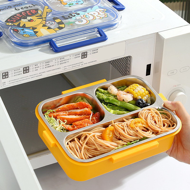 卡通火箭三格不锈钢饭盒小学生便携分格儿童防漏午餐便当盒详情5