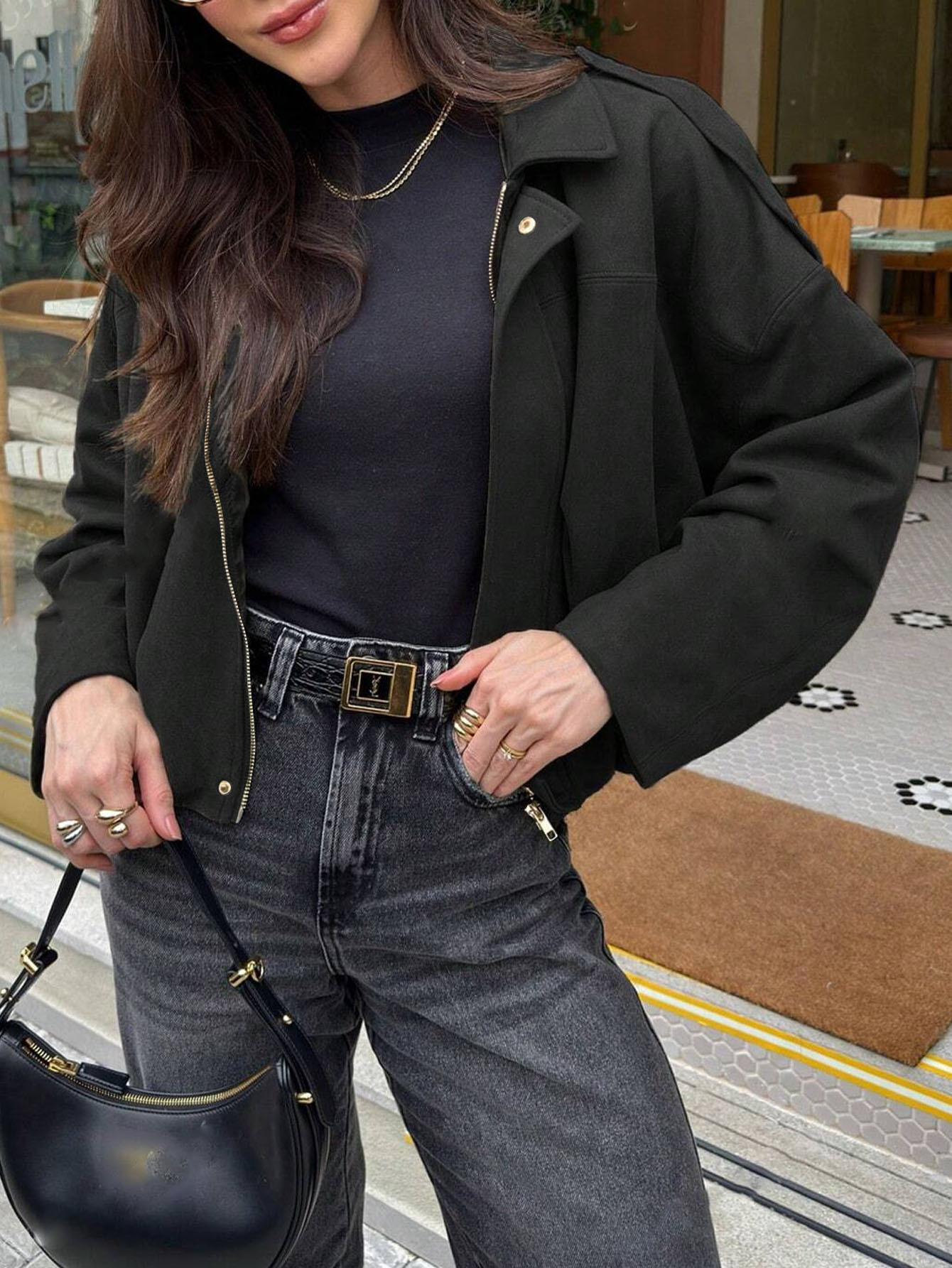 The 2026 European and American retro distressed lapel regular jacket for women's autumn loose off-the-shoulder casual workwear is a street trend Item Picture