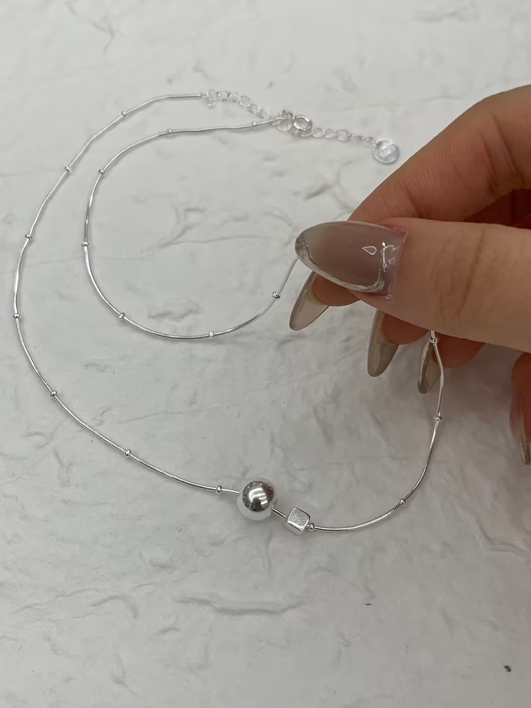S925 sterling silver necklace, double silver bead collarbone necklace of different sizes