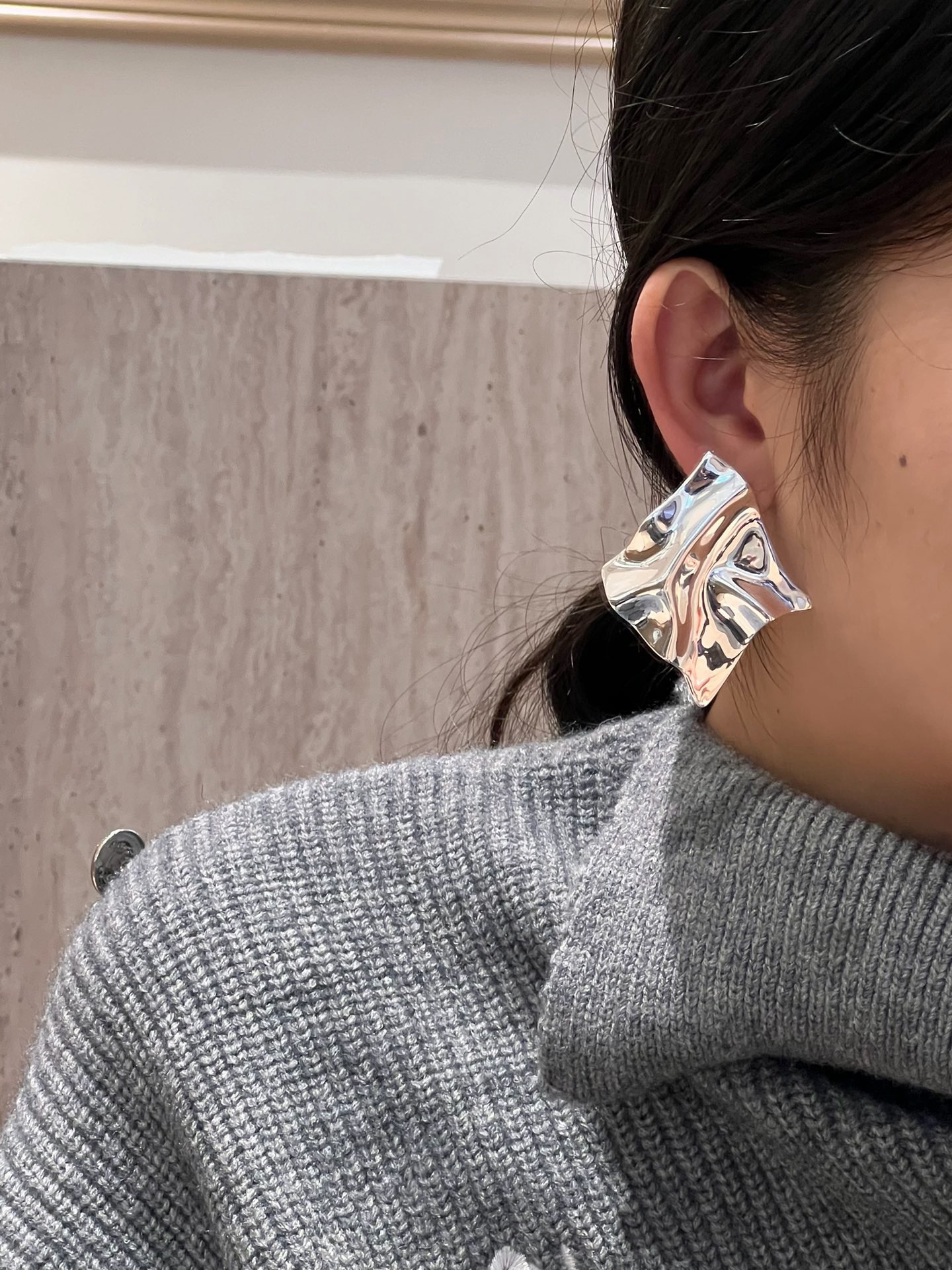 Pendientes S925 plata de ley plisado metal pieza cuadrada