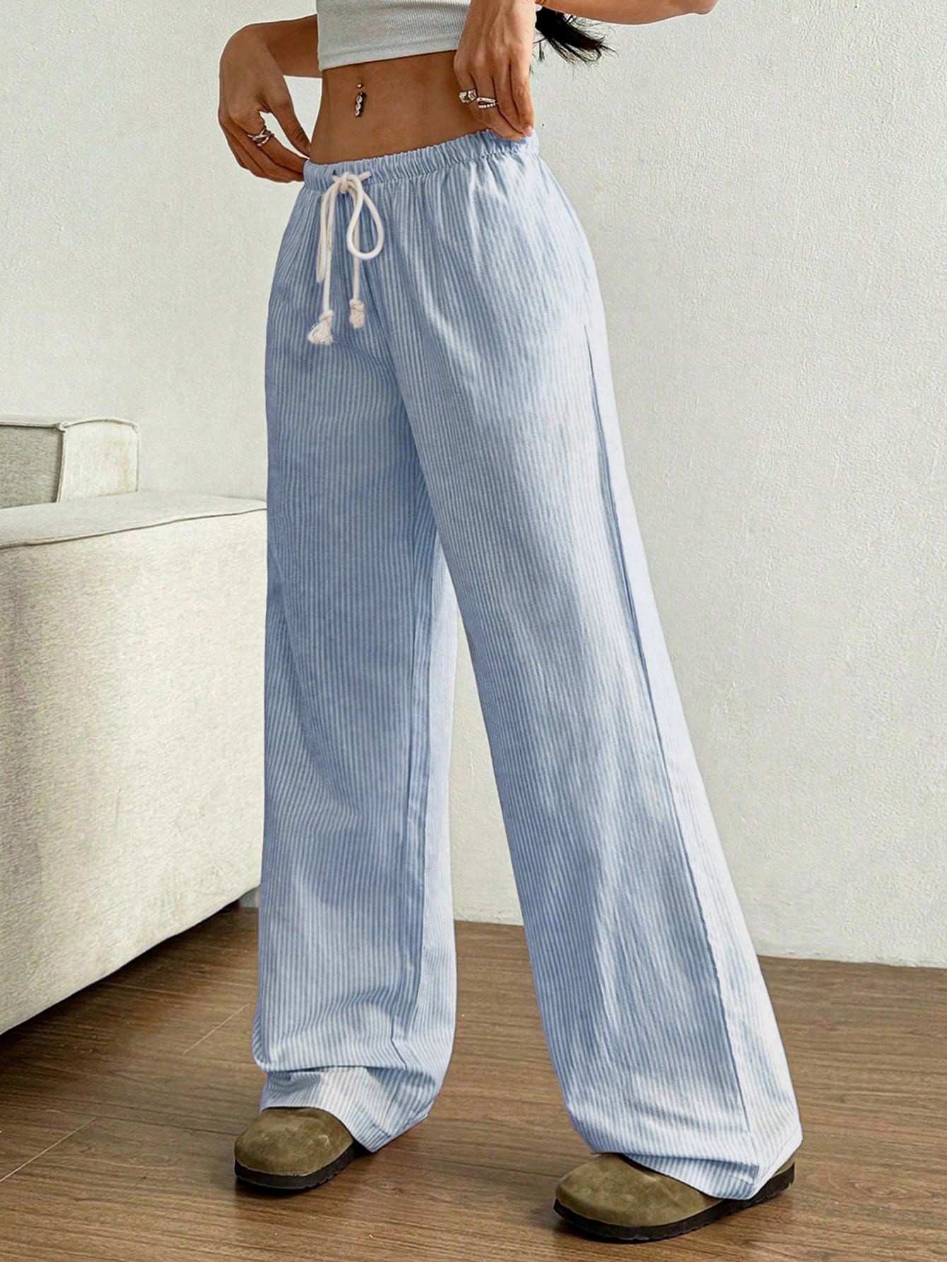 2026 European and American autumn new women's wear striped sweet wide-leg pants floor-length casual undefined