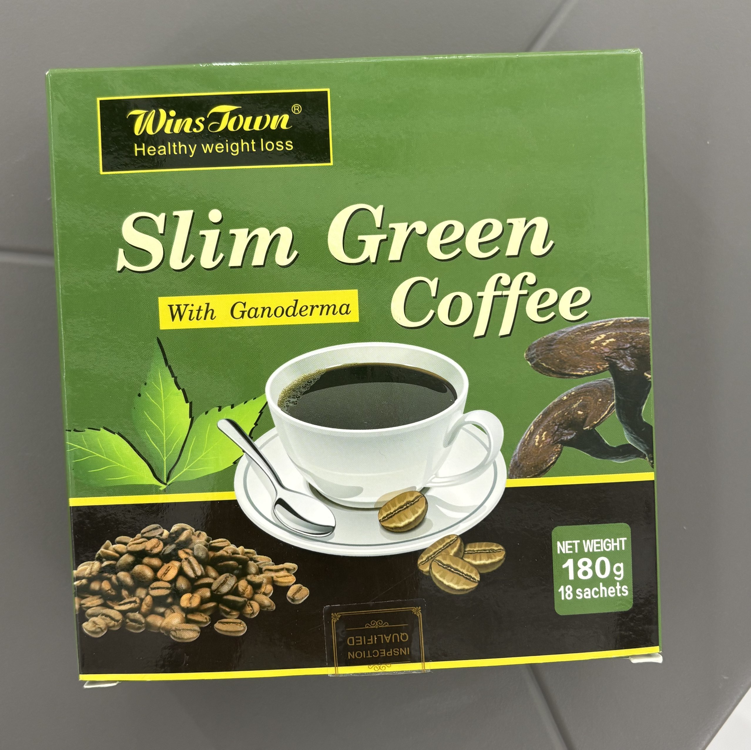 绿色彩盒包装减肥绿咖啡盒装18袋WinsTown Slim Green Coffee，含灵芝成分，主打健康减重，18袋装