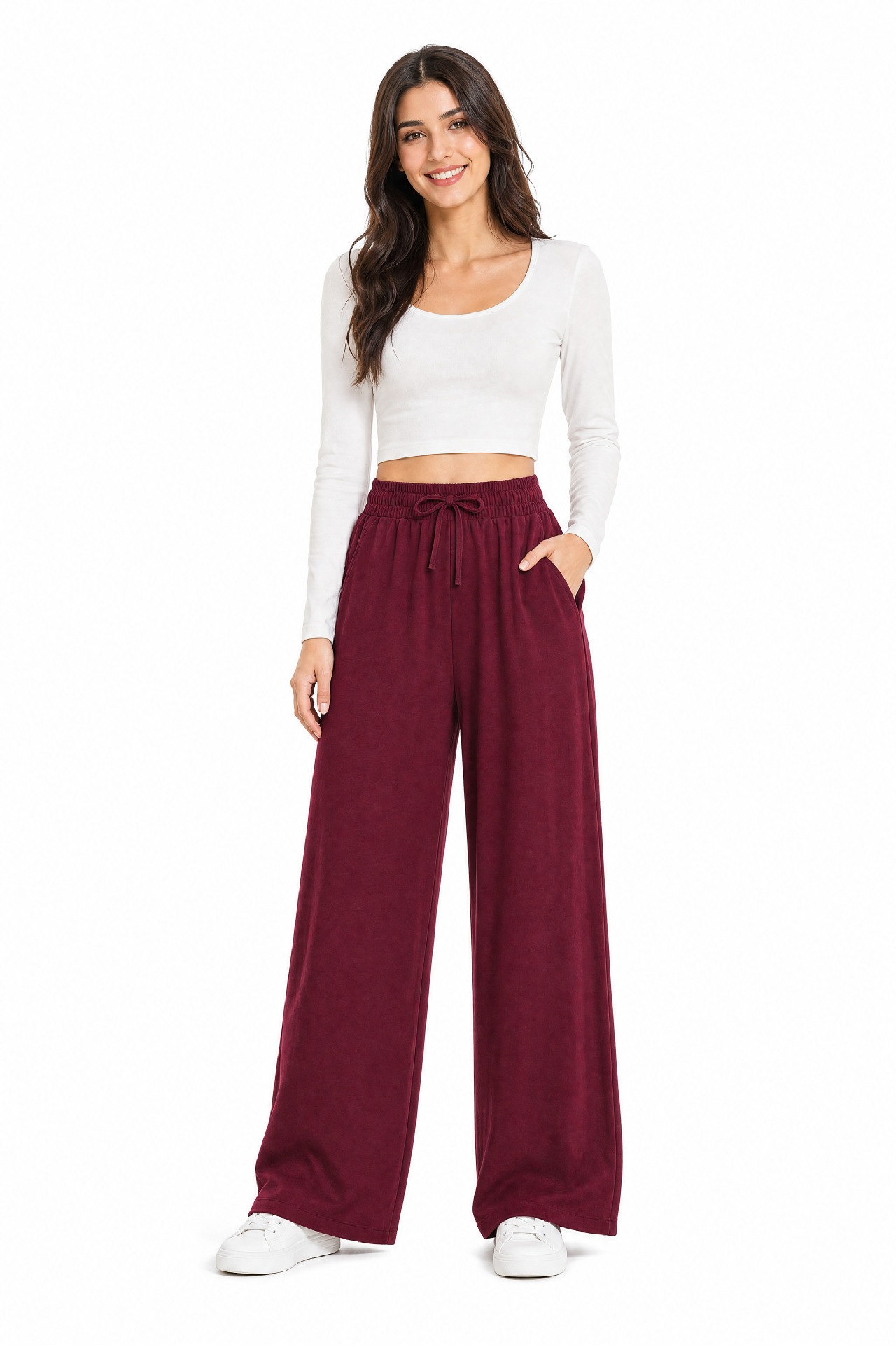 2026 Cross-border European and American leg pants, women's drawstring elastic waist loose casual pants, drape straight long pants