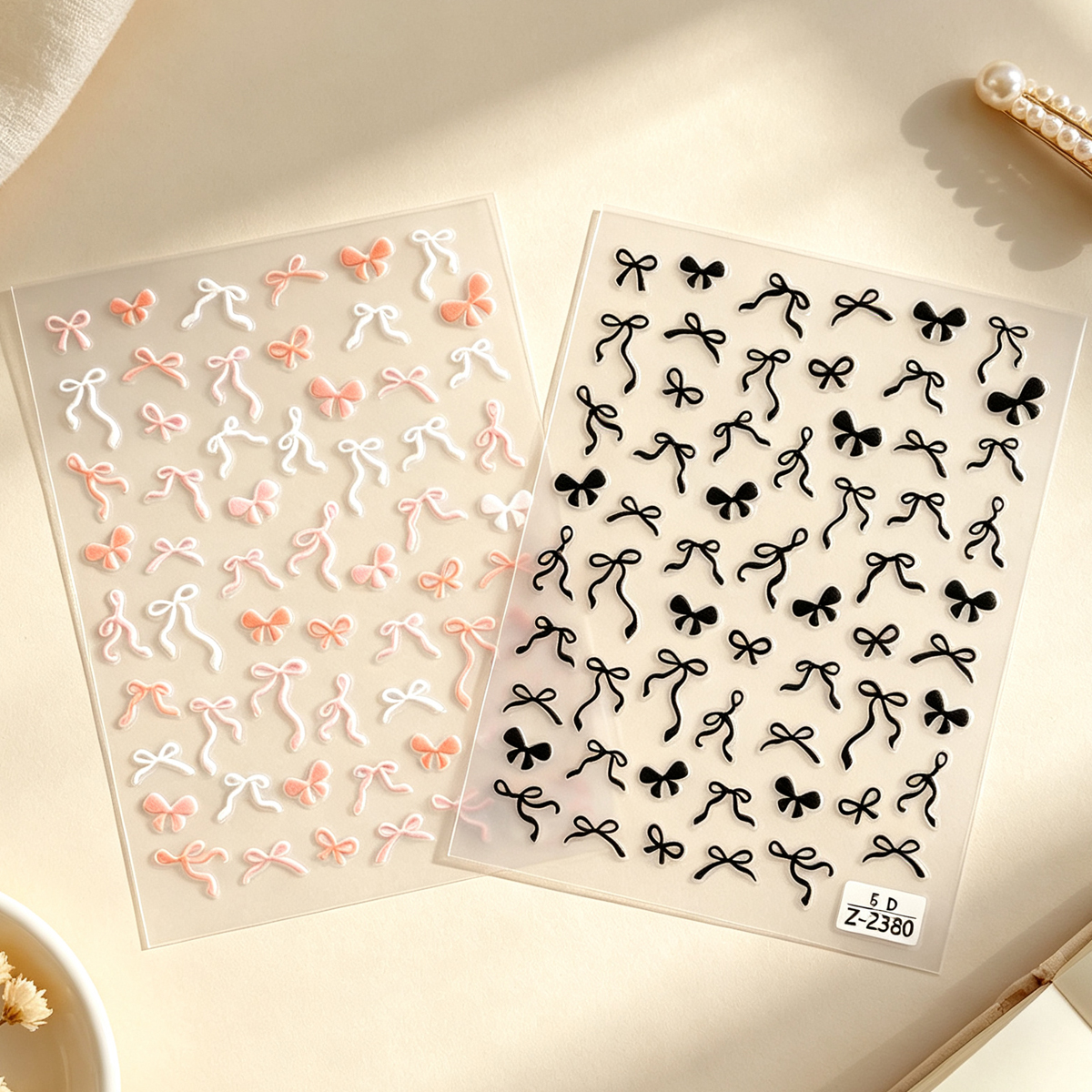 5D three-dimensional black and pink ribbon bow tie nail sticker decoration Specification image