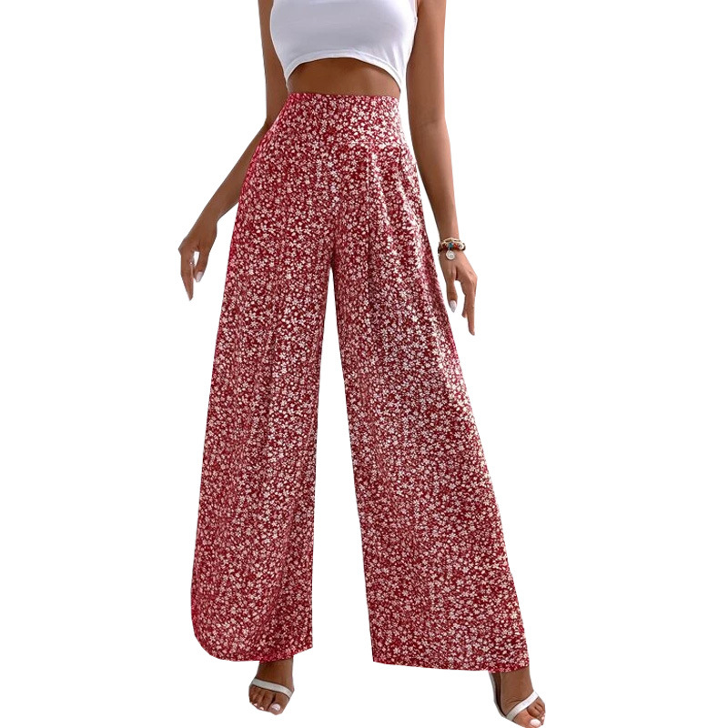 2026 New European and American floral casual pants, long pants, loose cross-border export printed waist-cinching pants, women's pants