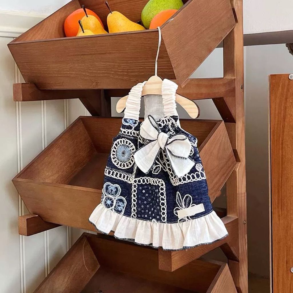 Retro heavy embroidery pet halter dress, dark blue/haze blue two-color large bow ruffled skirt, Maltese bichon frise small dog and cat clothing Specification image