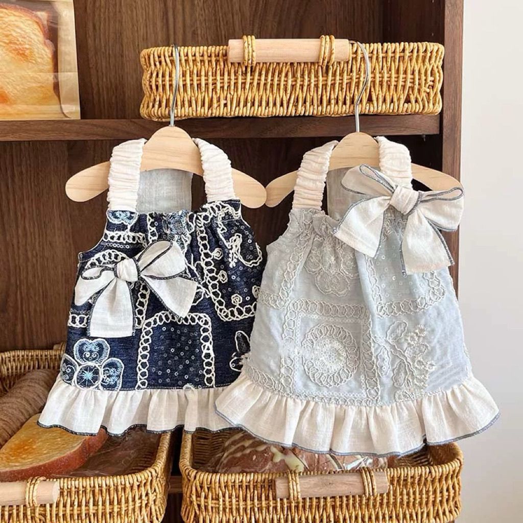Retro heavy embroidery pet halter dress, dark blue/haze blue two-color large bow ruffled skirt, Maltese bichon frise small dog and cat clothing details Picture