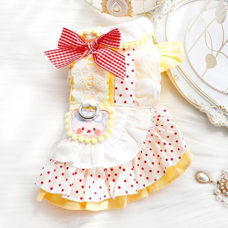 Cute polka dot maid pet dress, bear embroidered ruffled pet dress, Bichon frise Maltese dog dress Item Picture
