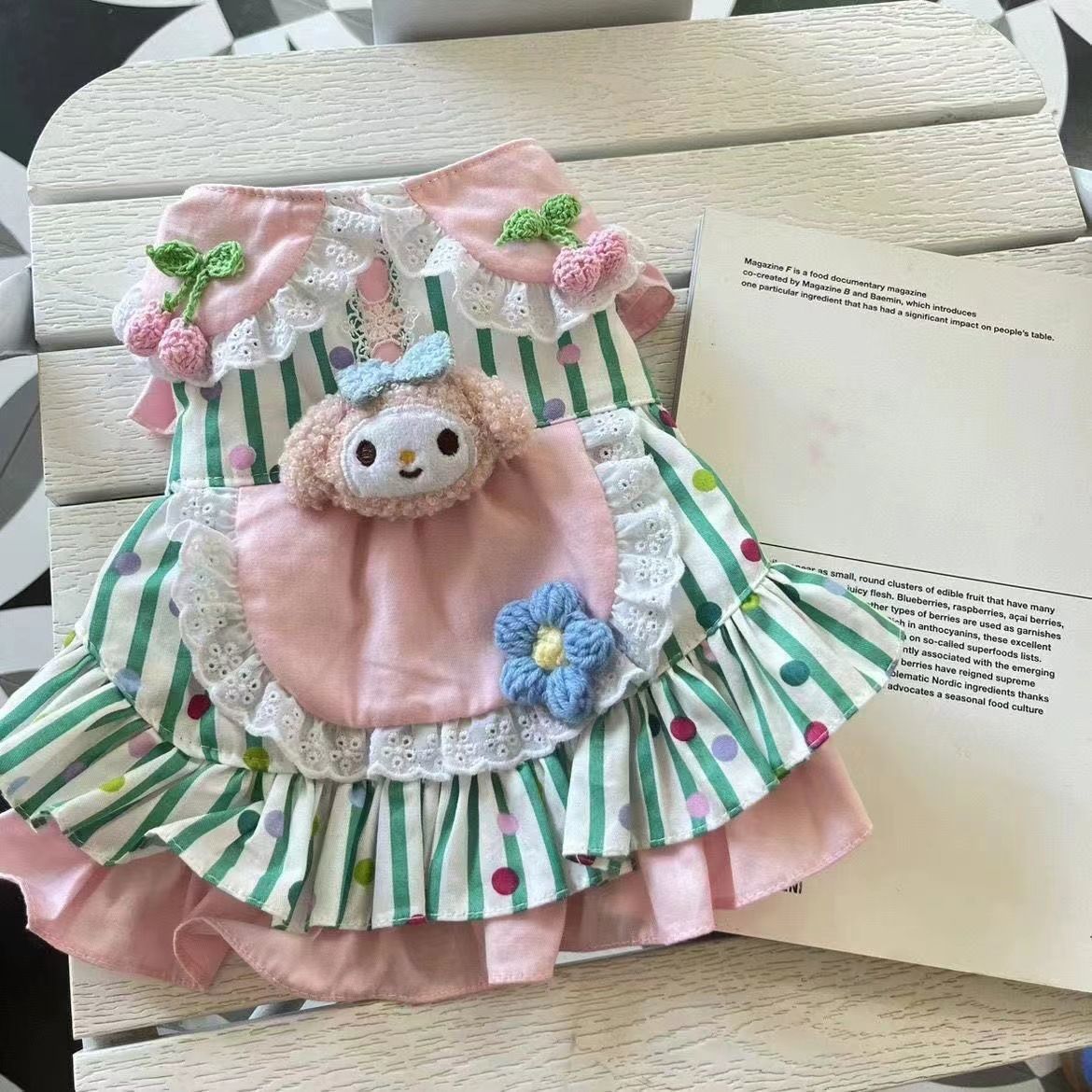 Mori atado cereza muñeca mascota princesa falda verde blanco rayas verticales encaje encaje delantal falda perro pequeño marziesbi oso perro gato ropa details Picture