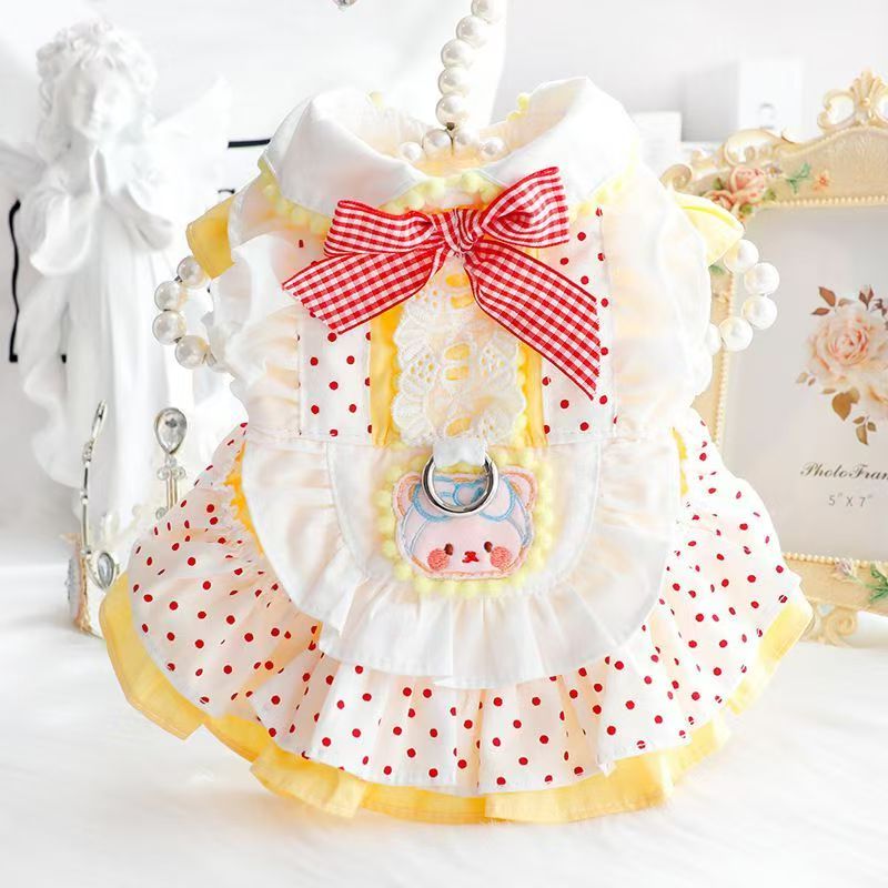 Cute polka dot maid pet dress, bear embroidered ruffled pet dress, Bichon frise Maltese dog dress