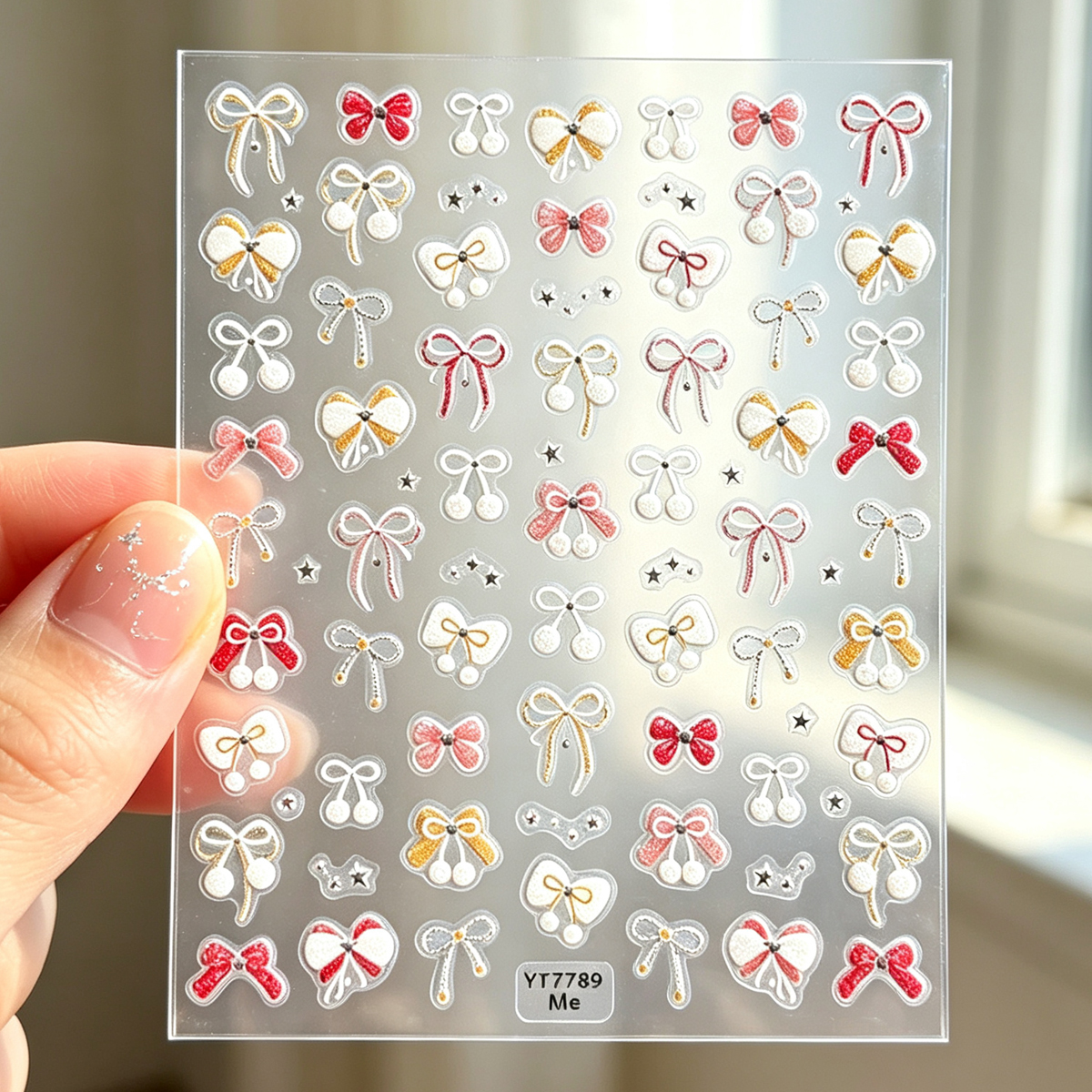 Colorful bow cherry ribbon nail stickers, three-dimensional and cute, girlish heart ribbon bow nail sticker decoration