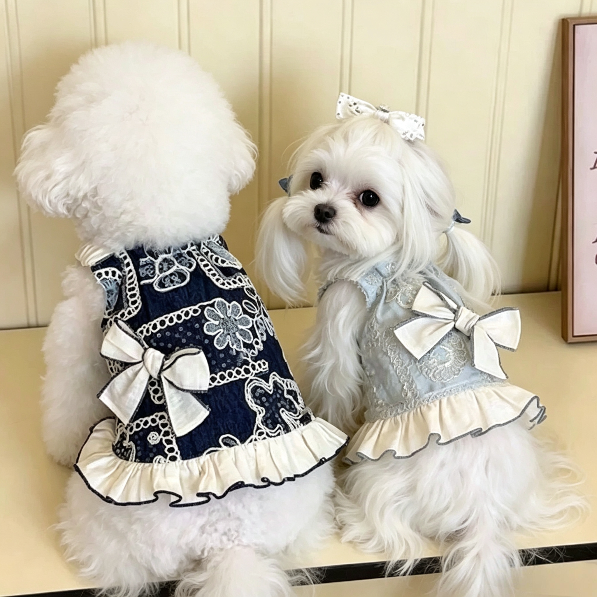 Retro heavy embroidery pet halter dress, dark blue/haze blue two-color large bow ruffled skirt, Maltese bichon frise small dog and cat clothing
