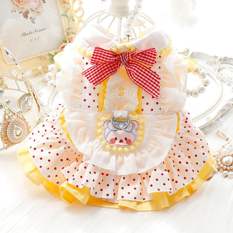 Cute polka dot maid pet dress, bear embroidered ruffled pet dress, Bichon frise Maltese dog dress details Picture