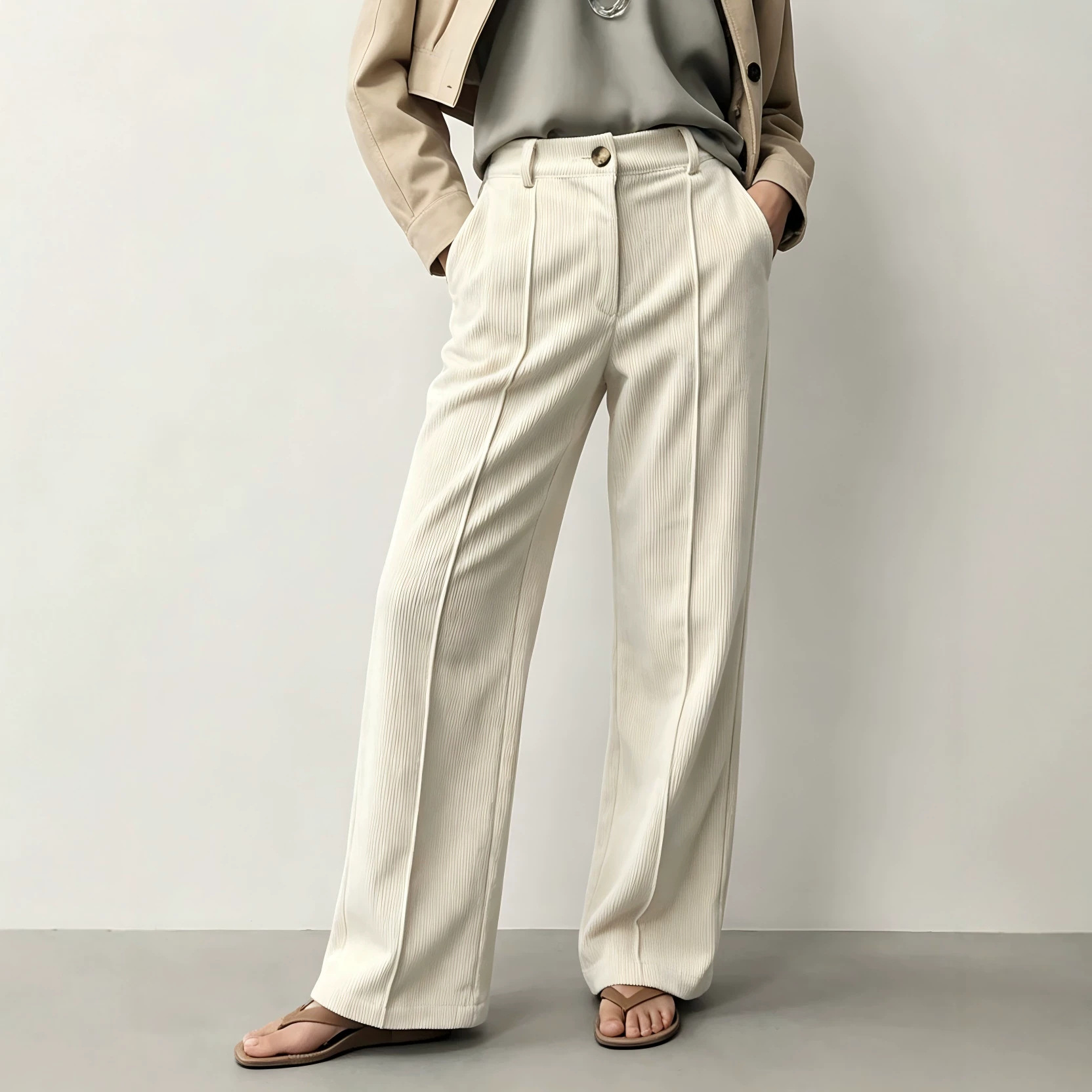 The source factory of the laid-back ladies' European and American cross-border autumn and winter corduroy casual and versatile mid-waist straight-leg wide-leg pants Item Picture