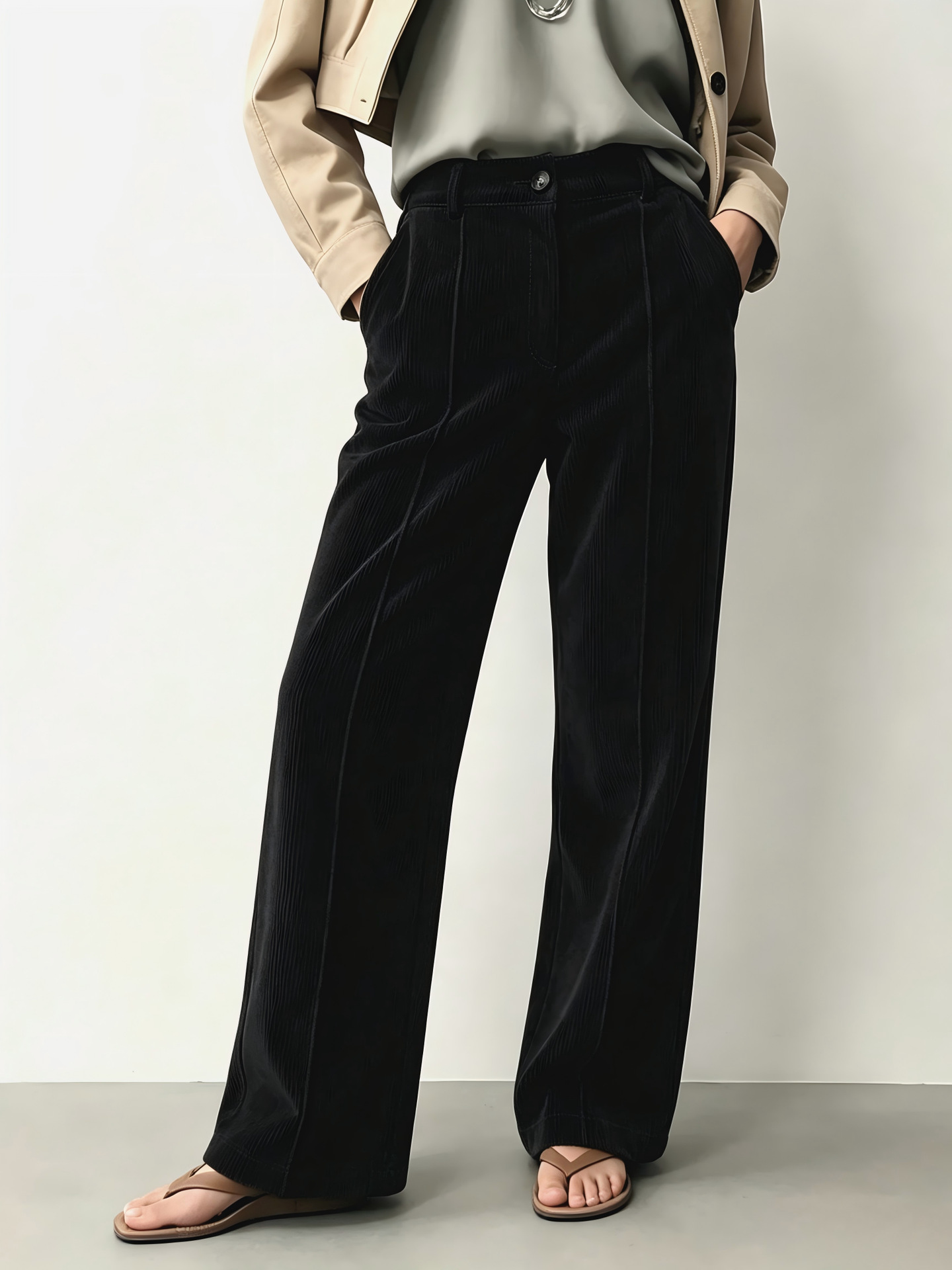 The source factory of the laid-back ladies' European and American cross-border autumn and winter corduroy casual and versatile mid-waist straight-leg wide-leg pants Application Scenario