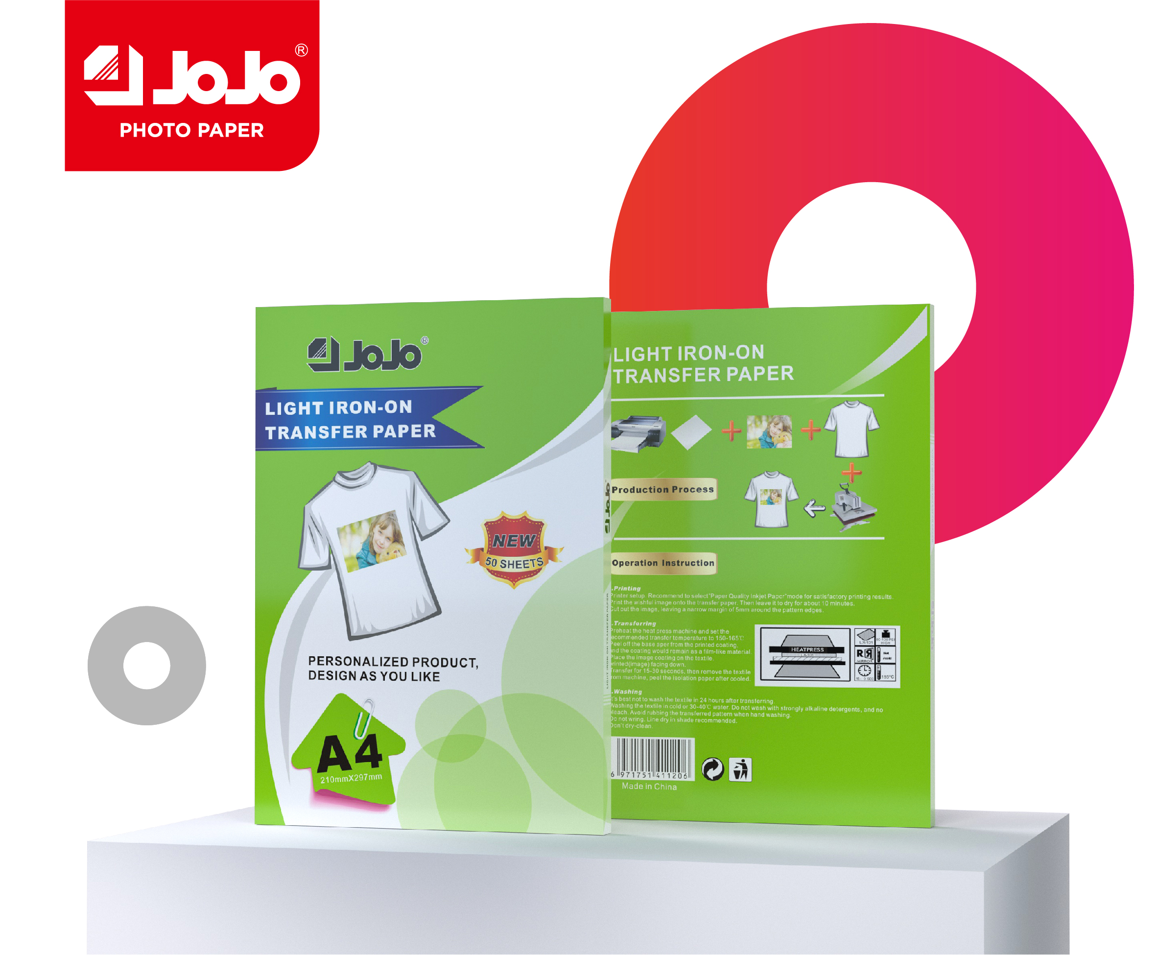 JOJO papel de transferencia de calor de color claro A4 50 papel de transferencia de calor en caja camiseta papel de copia de impresión de algodón proceso de sublimación térmica aplicable