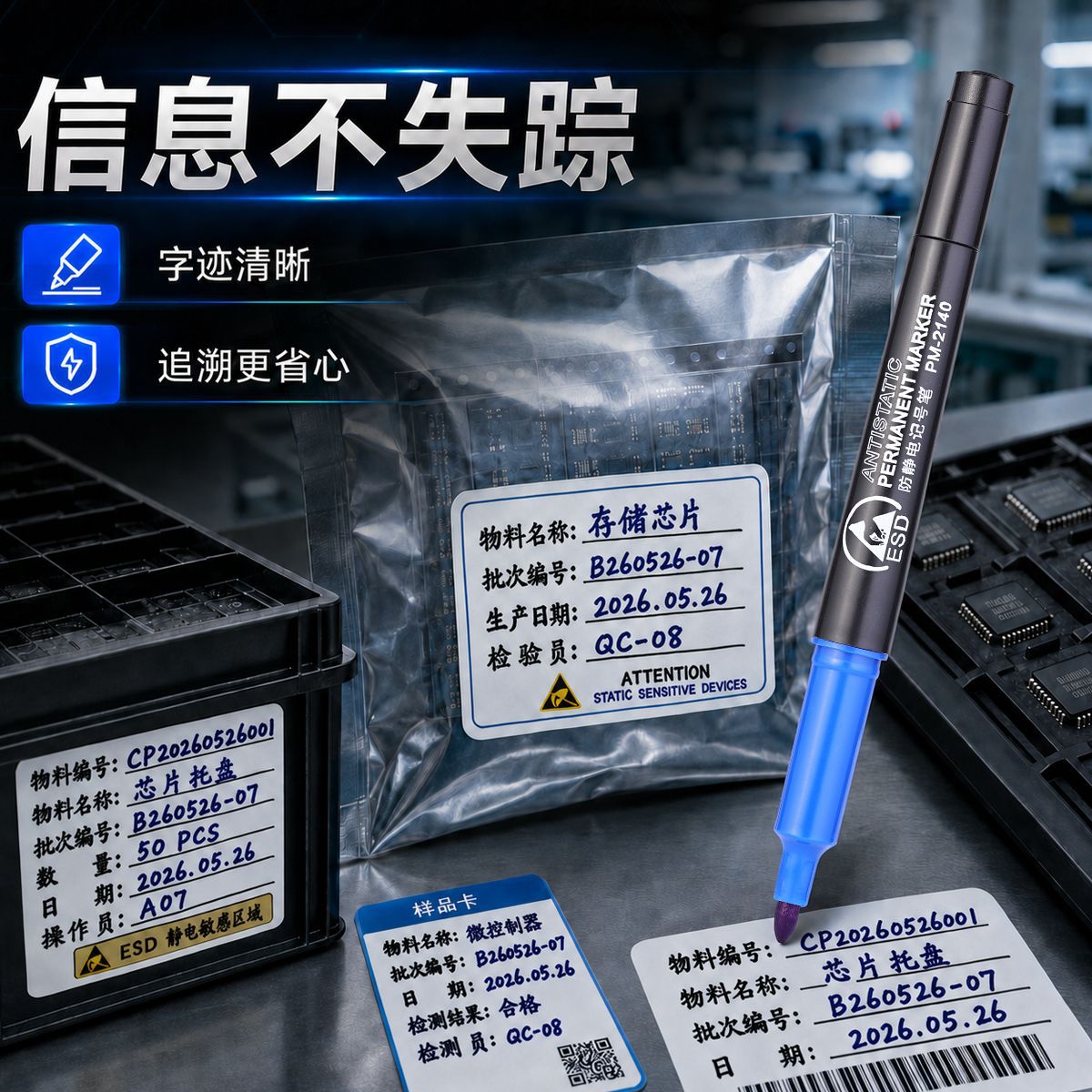 Shield PM-2140 anti-static marker pen features high adhesion and long-lasting marking, specifically designed for electrostatically sensitive areas. It is an oil-based marker pen Application Scenario