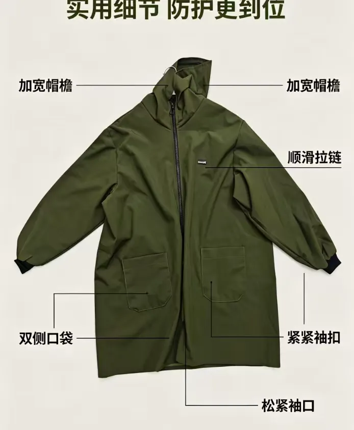 Military green hooded waterproof long cover-up with zipper opening and closing, double side pockets, adult kitchen cleaning, factory moving, dust-proof labor protection work clothes, military green hooded waterproof cover-up, long zipper dust-proof apron detail image 3