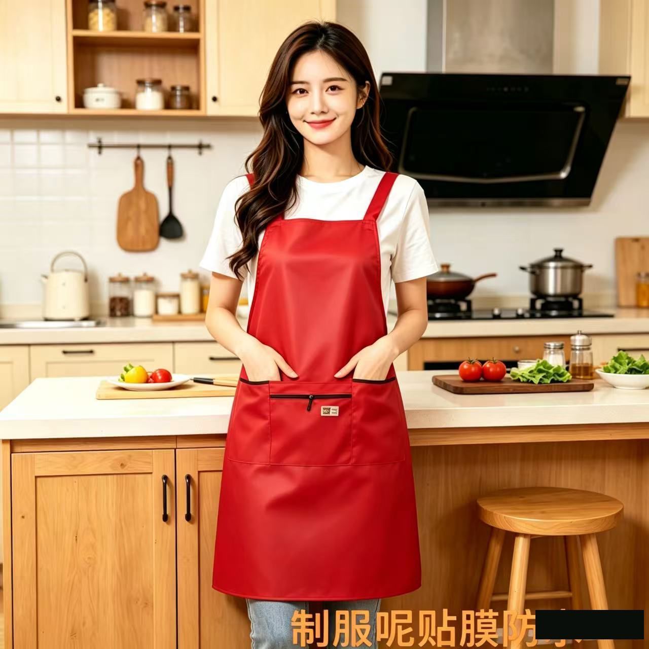 Tirantes delantal cremallera cocina cocina para el hogar catering moda hombre y mujer antifouling ropa de trabajo personalizado alrededor de la cintura imprimir caracteres Specification image