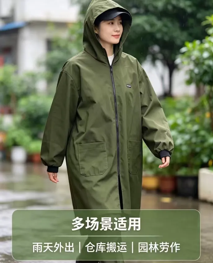 Military green hooded waterproof long cover-up with zipper opening and closing, double side pockets, adult kitchen cleaning, factory moving, dust-proof labor protection work clothes, military green hooded waterproof cover-up, long zipper dust-proof apron detail image 2